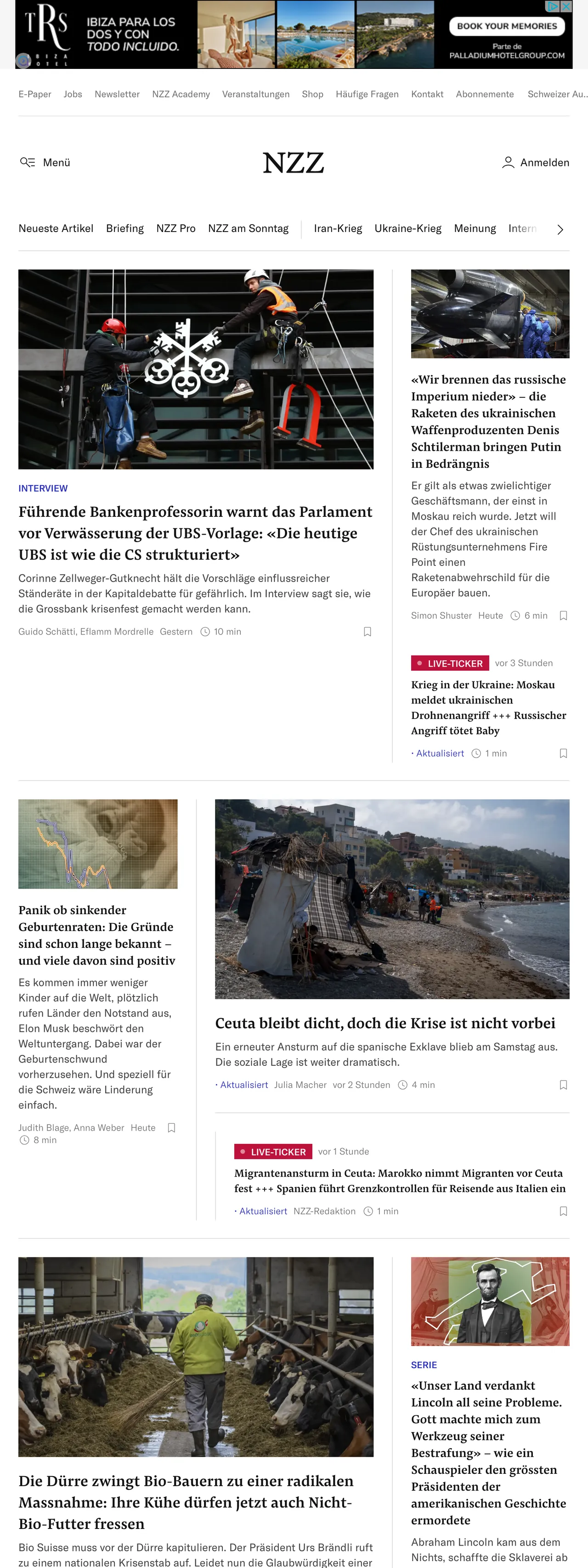 Screenshot of the Neue Zürcher Zeitung front page