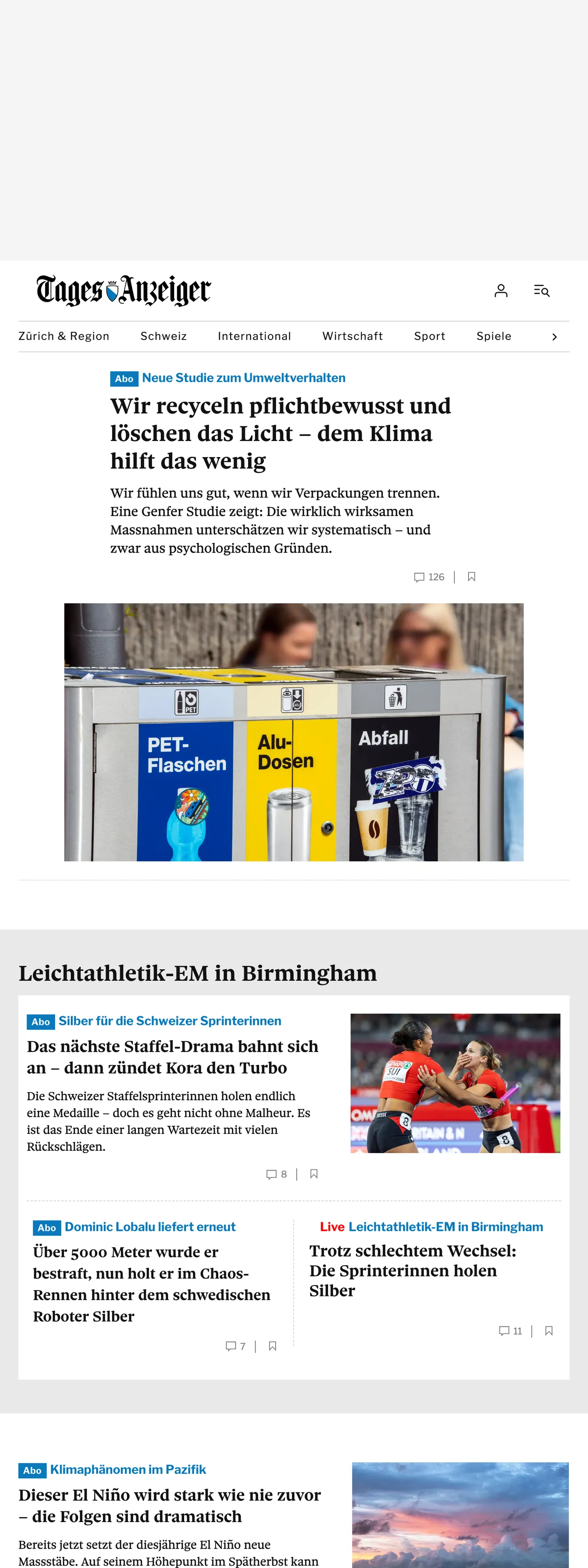 Screenshot of the Tages-Anzeiger front page