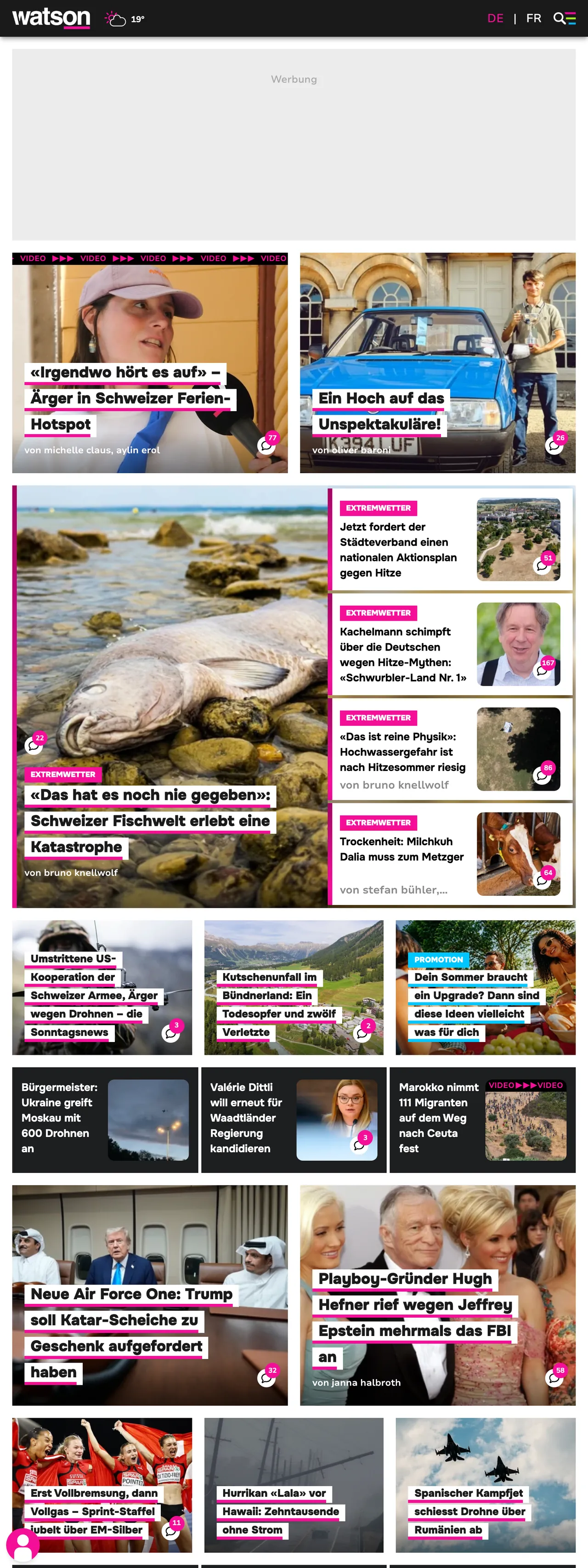 Screenshot of the watson front page