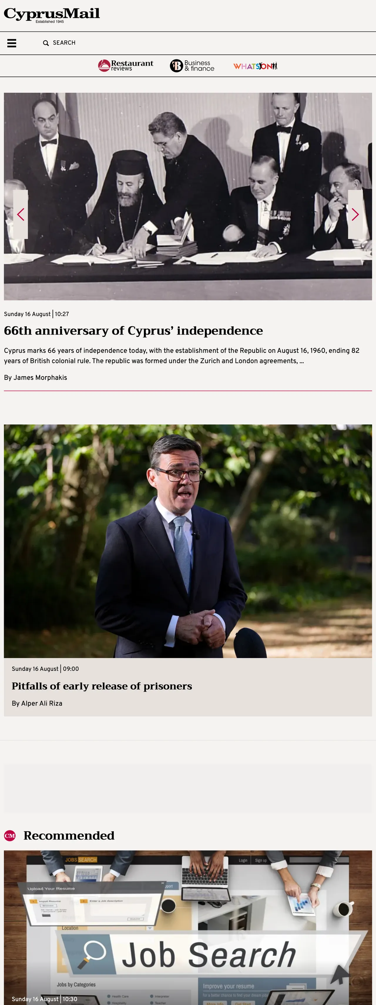 Screenshot of the Cyprus Mail front page
