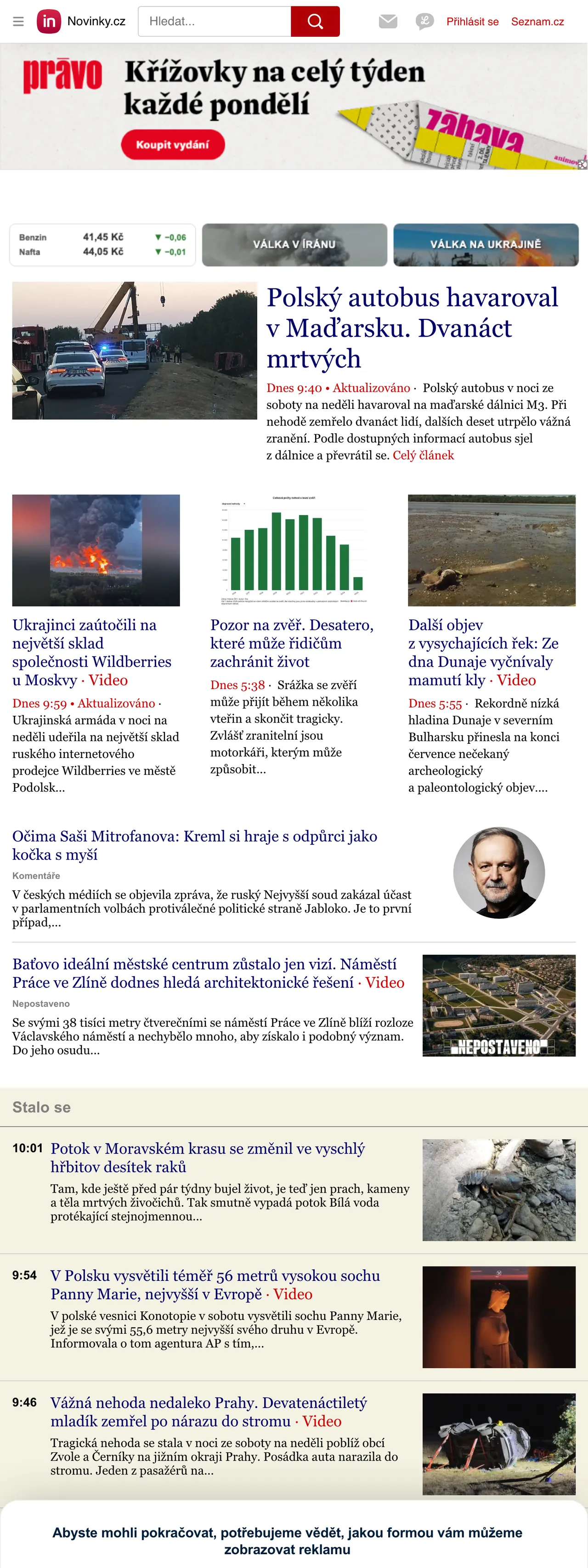 Screenshot of the Novinky.cz front page