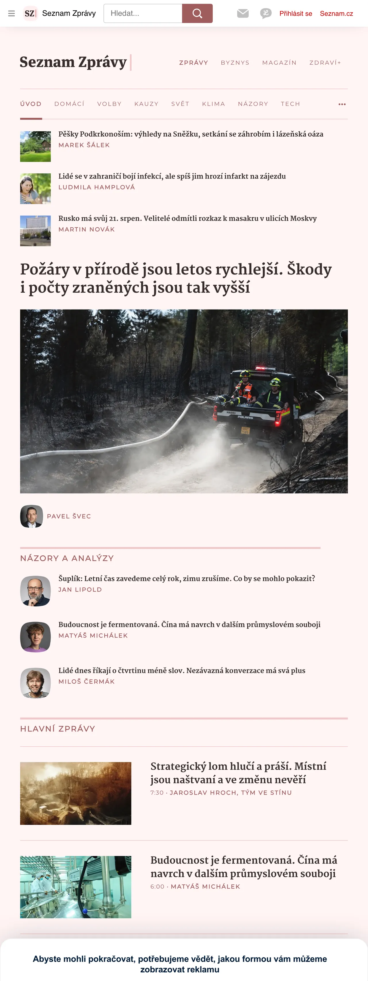 Screenshot of the Seznam Zprávy front page
