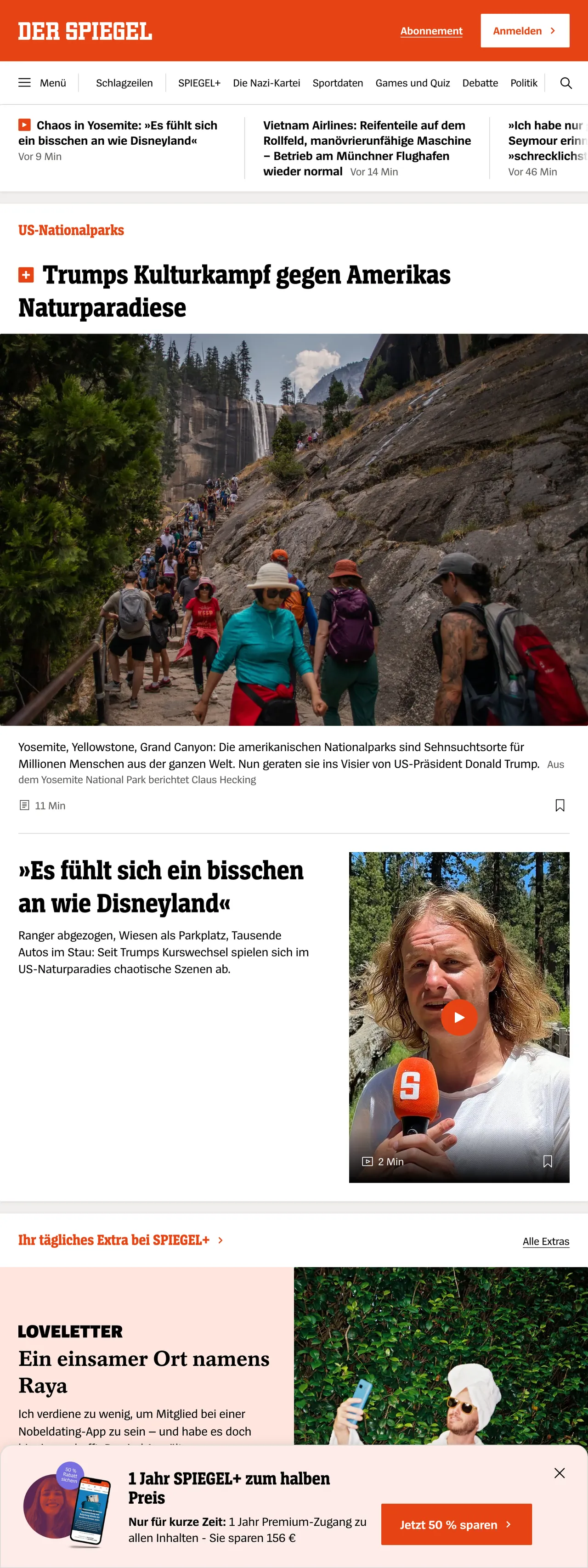 Screenshot of the DER SPIEGEL front page