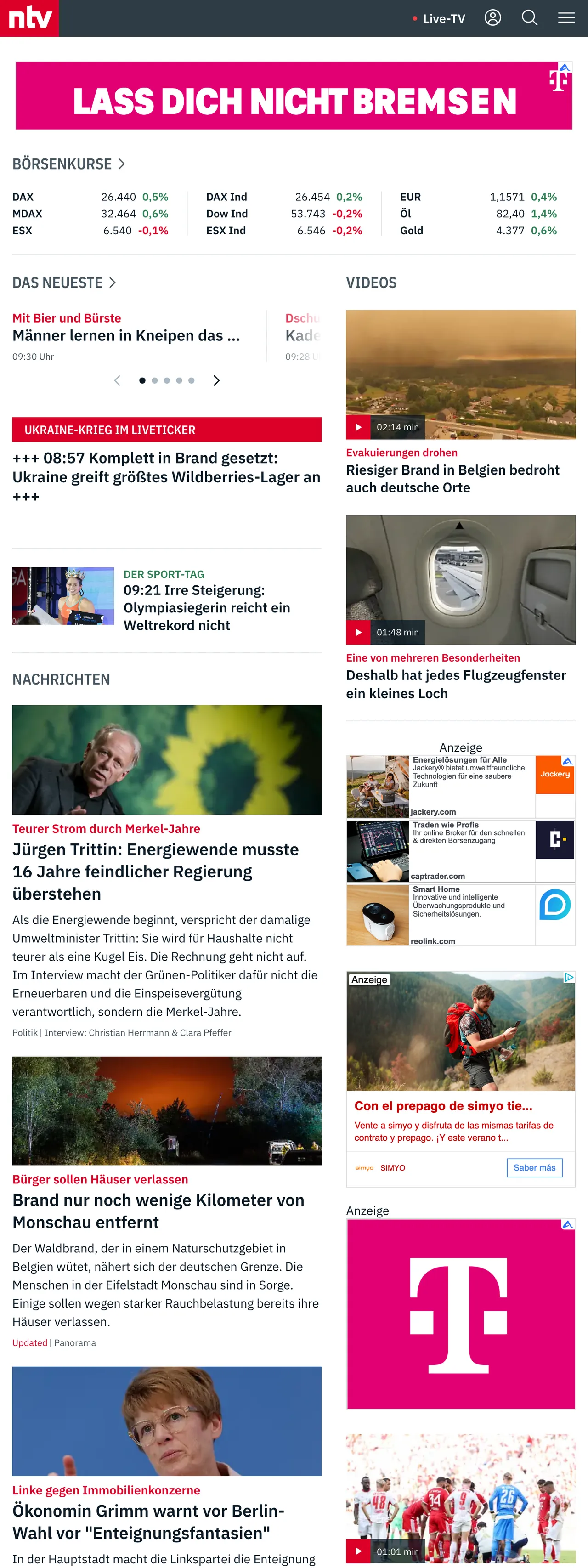 Screenshot of the n-tv front page