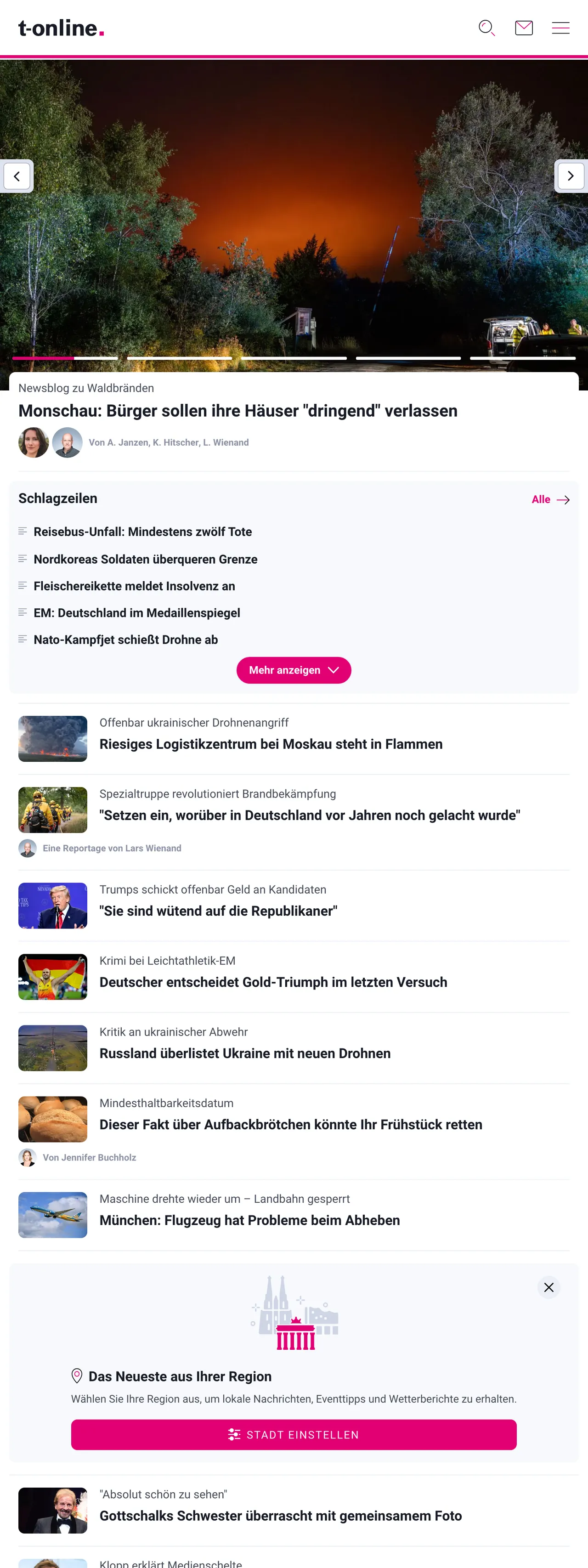 Screenshot of the t-online front page