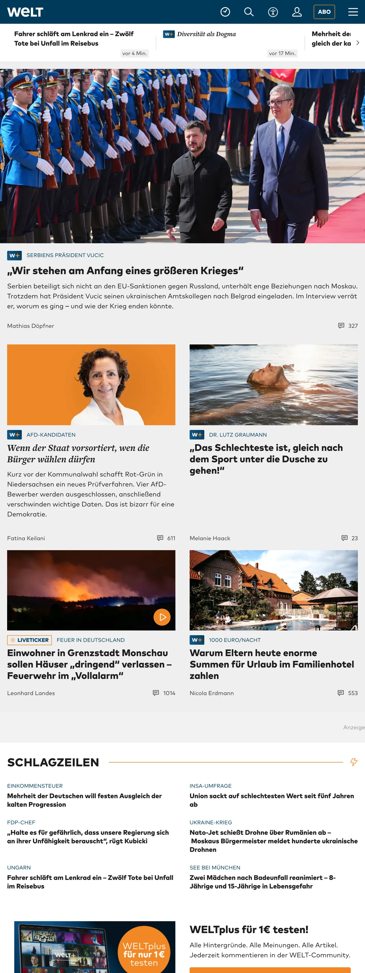 Screenshot of the WELT front page