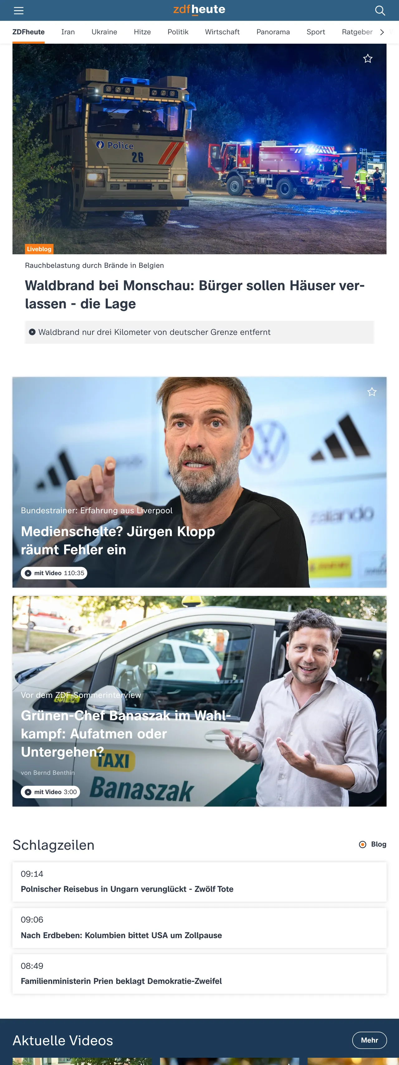Screenshot of the ZDFheute front page