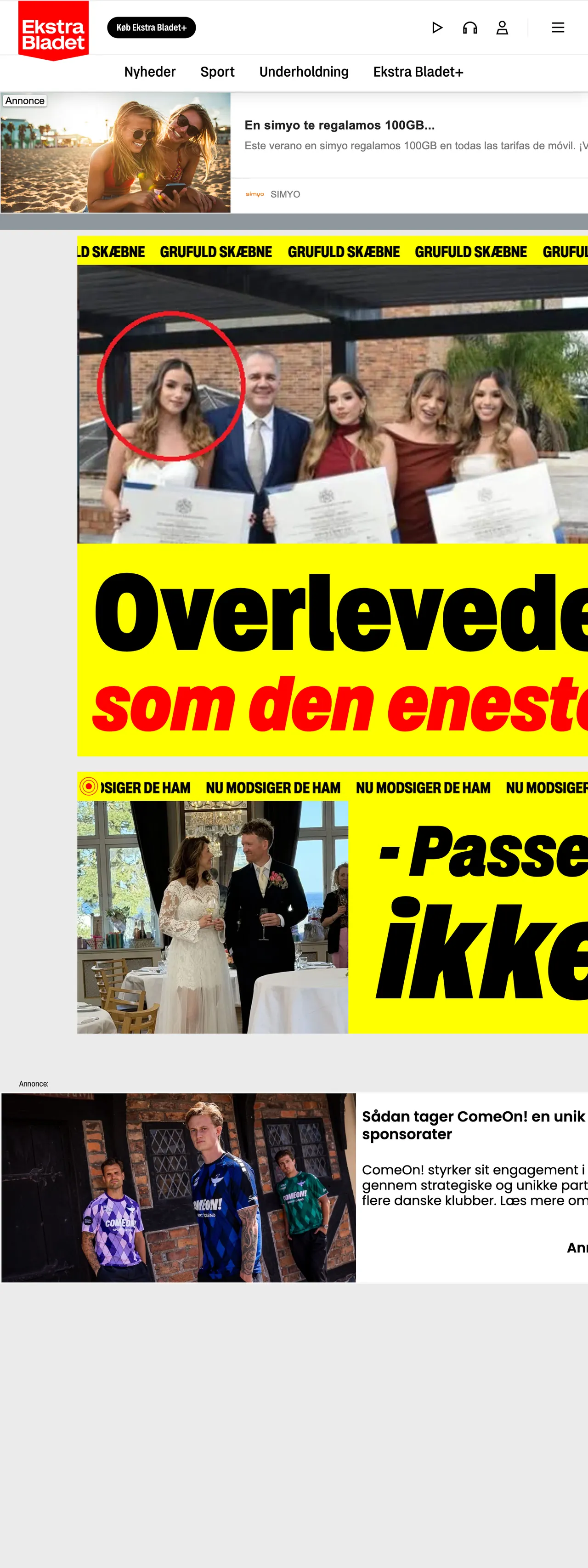 Screenshot of the Ekstra Bladet front page