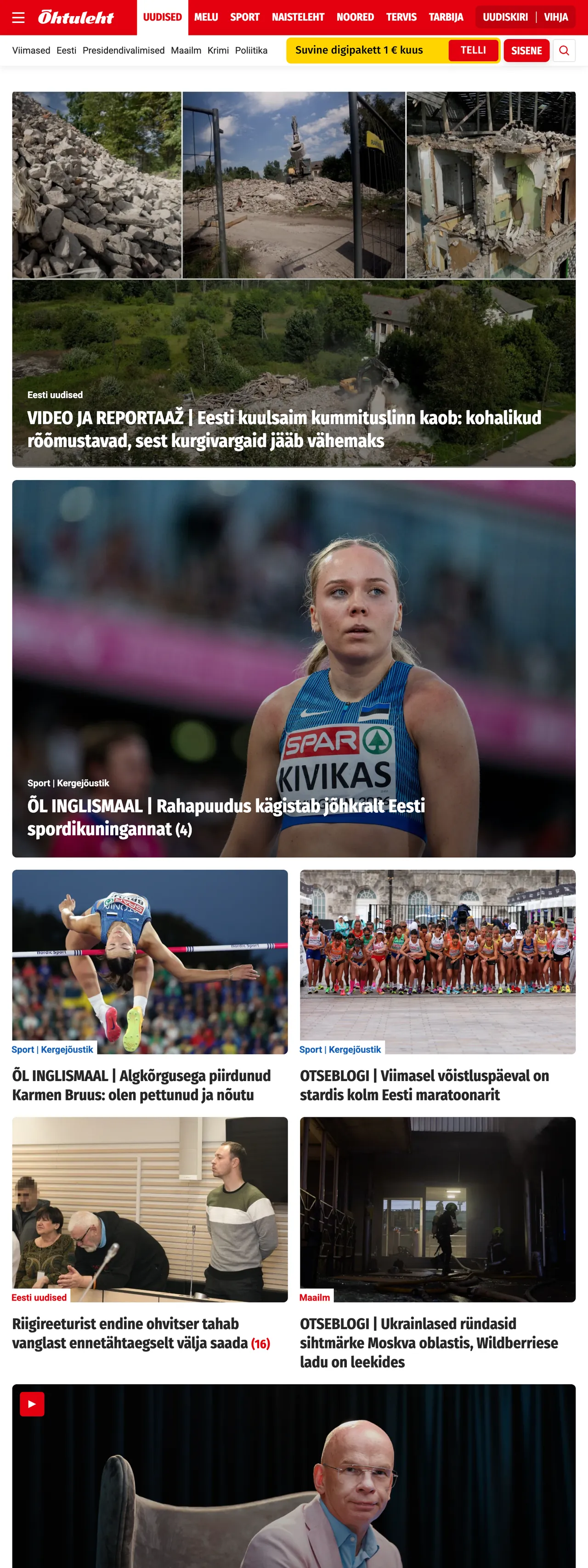 Screenshot of the Õhtuleht front page