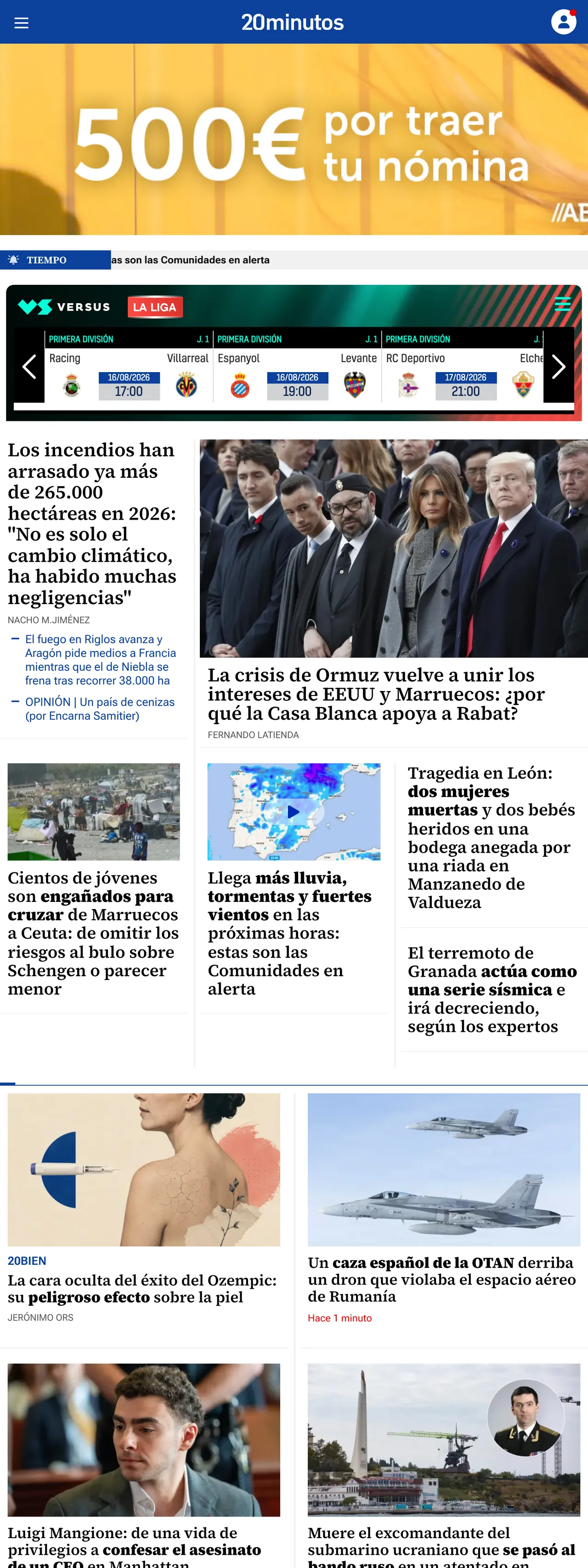Screenshot of the 20minutos front page