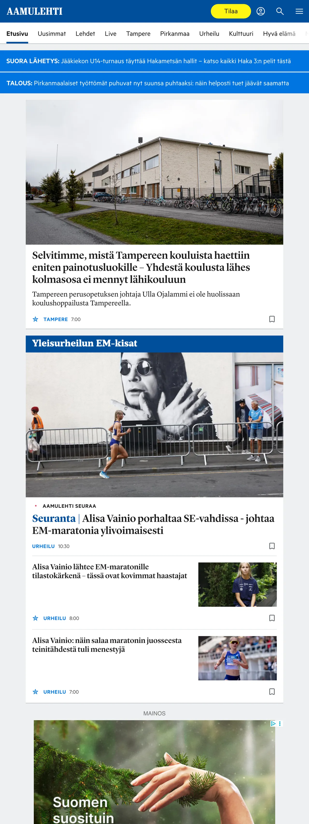 Screenshot of the Aamulehti front page