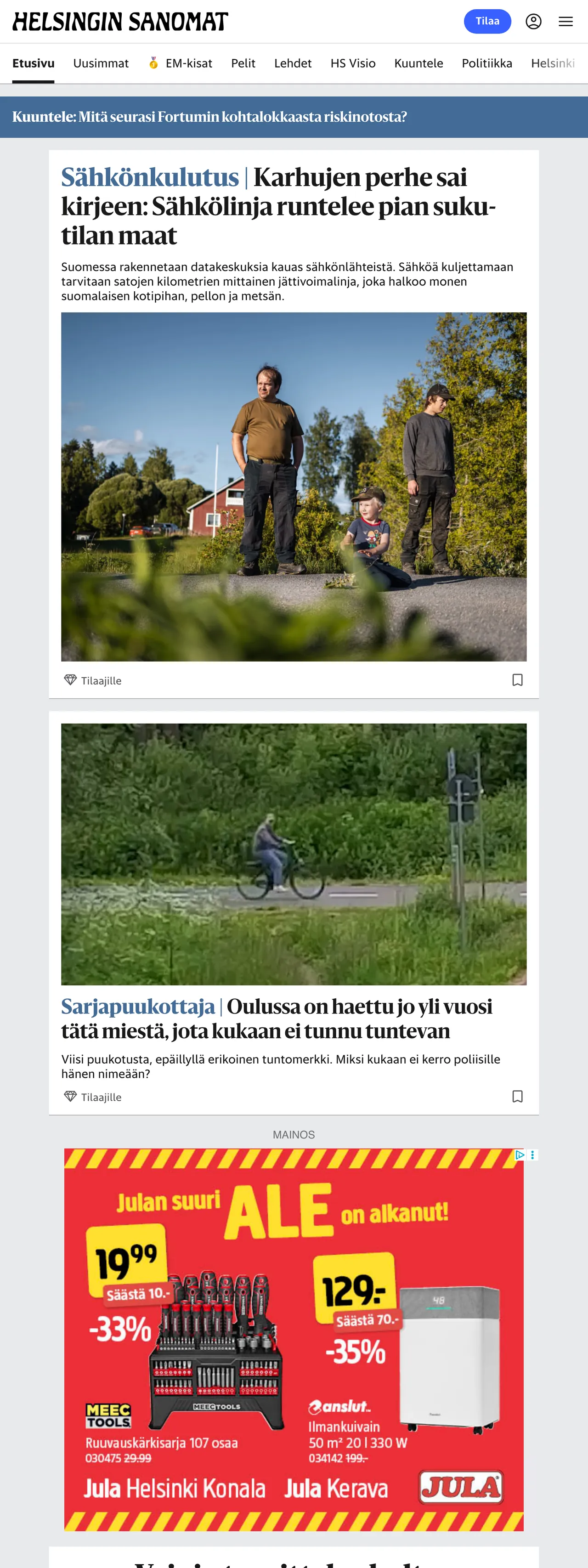 Screenshot of the Helsingin Sanomat front page