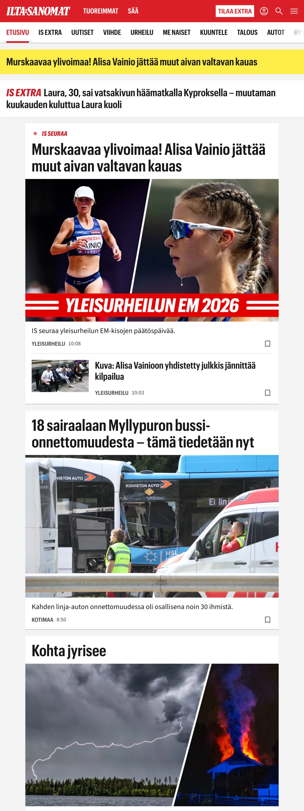 Screenshot of the Ilta-Sanomat front page