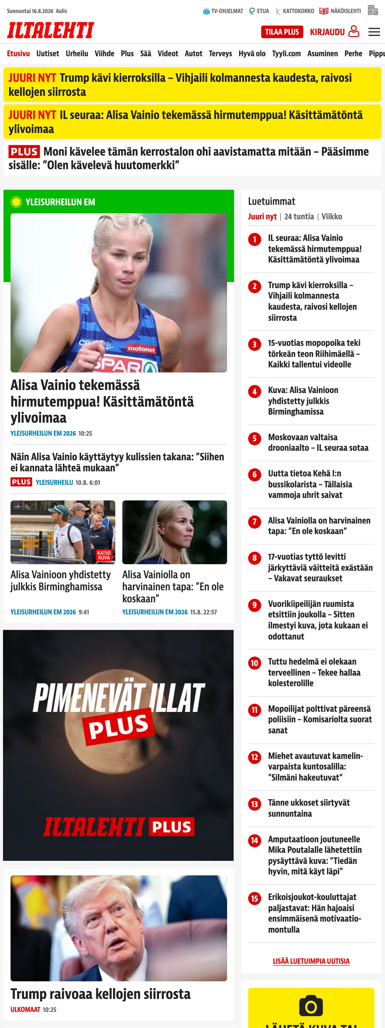 Screenshot of the Iltalehti front page