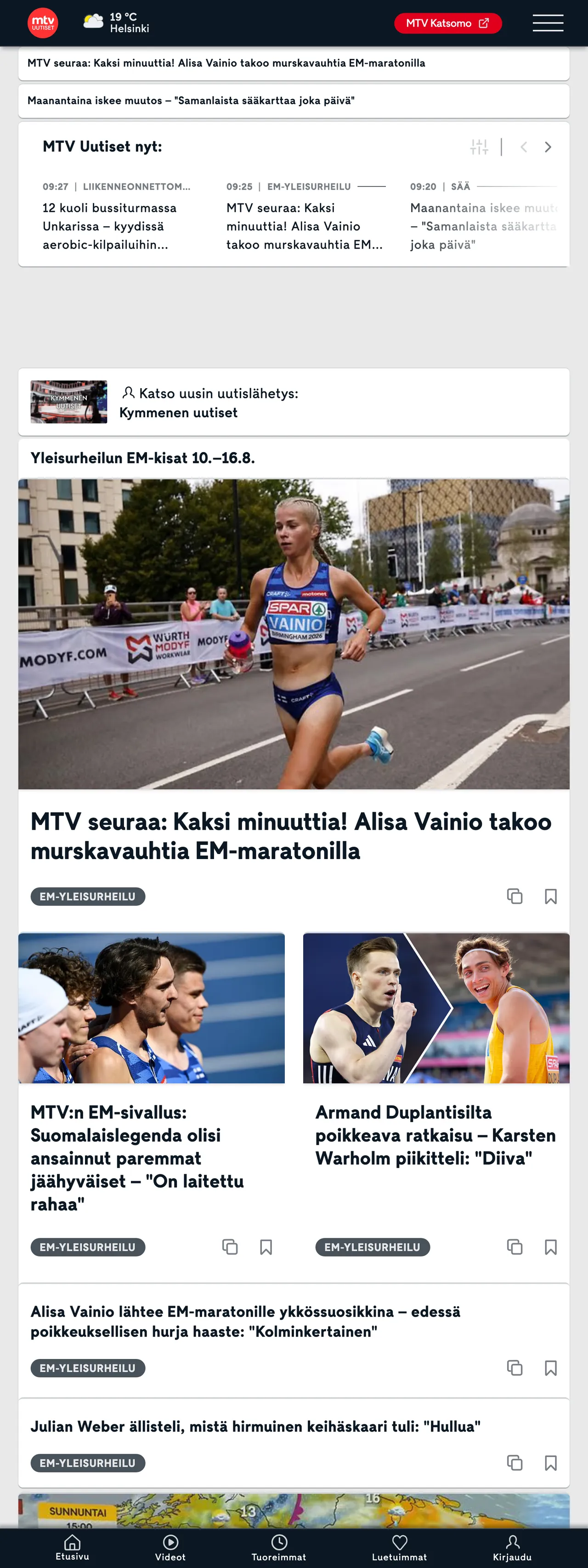Screenshot of the MTV Uutiset front page
