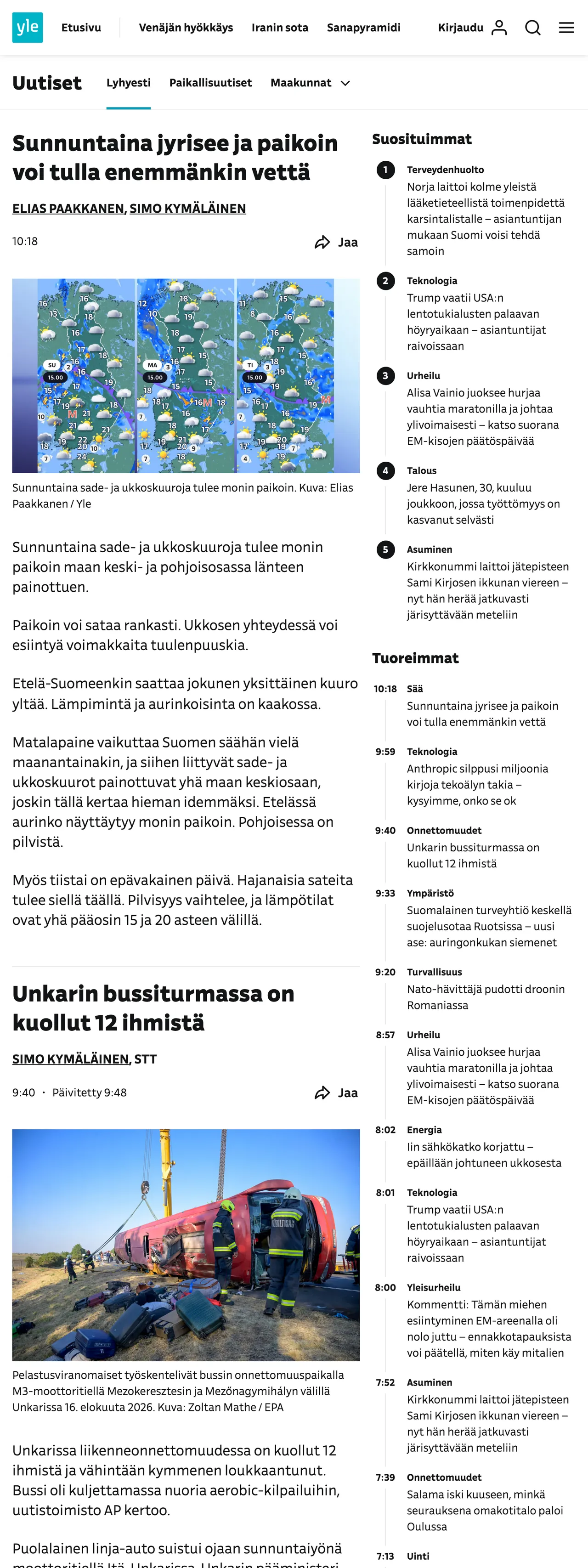 Screenshot of the Yle front page