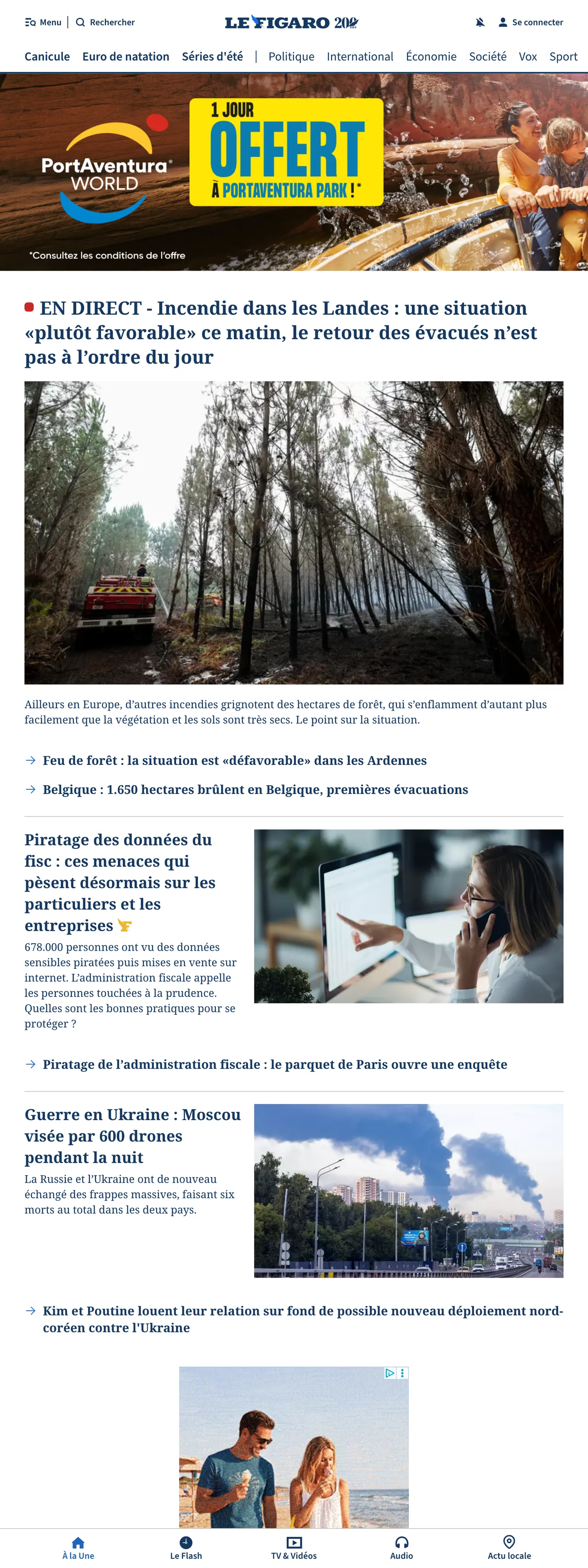 Screenshot of the Le Figaro front page