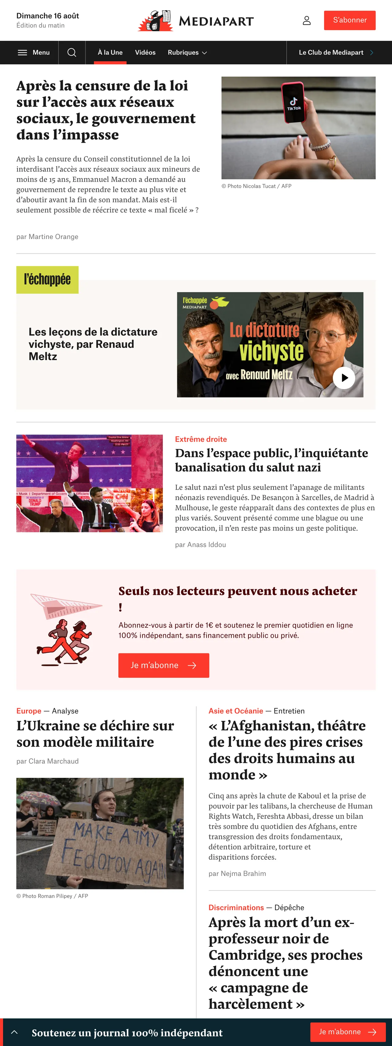 Screenshot of the Mediapart front page
