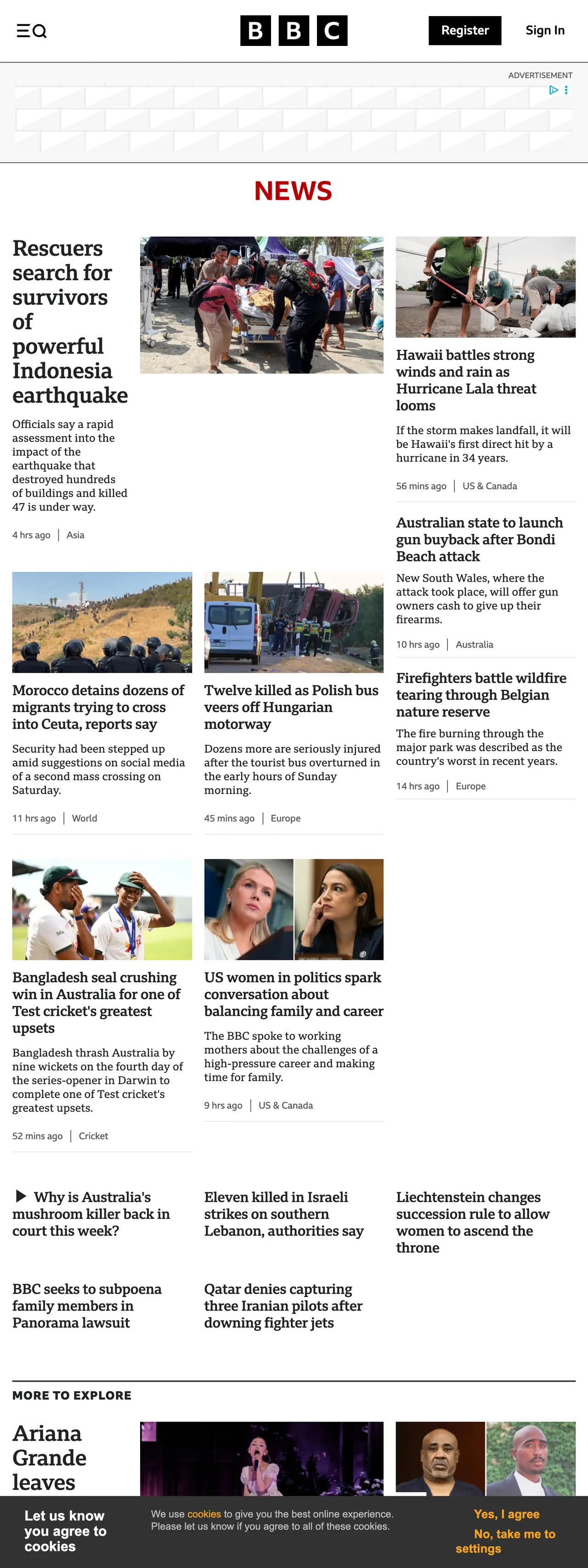 Screenshot of the BBC News front page