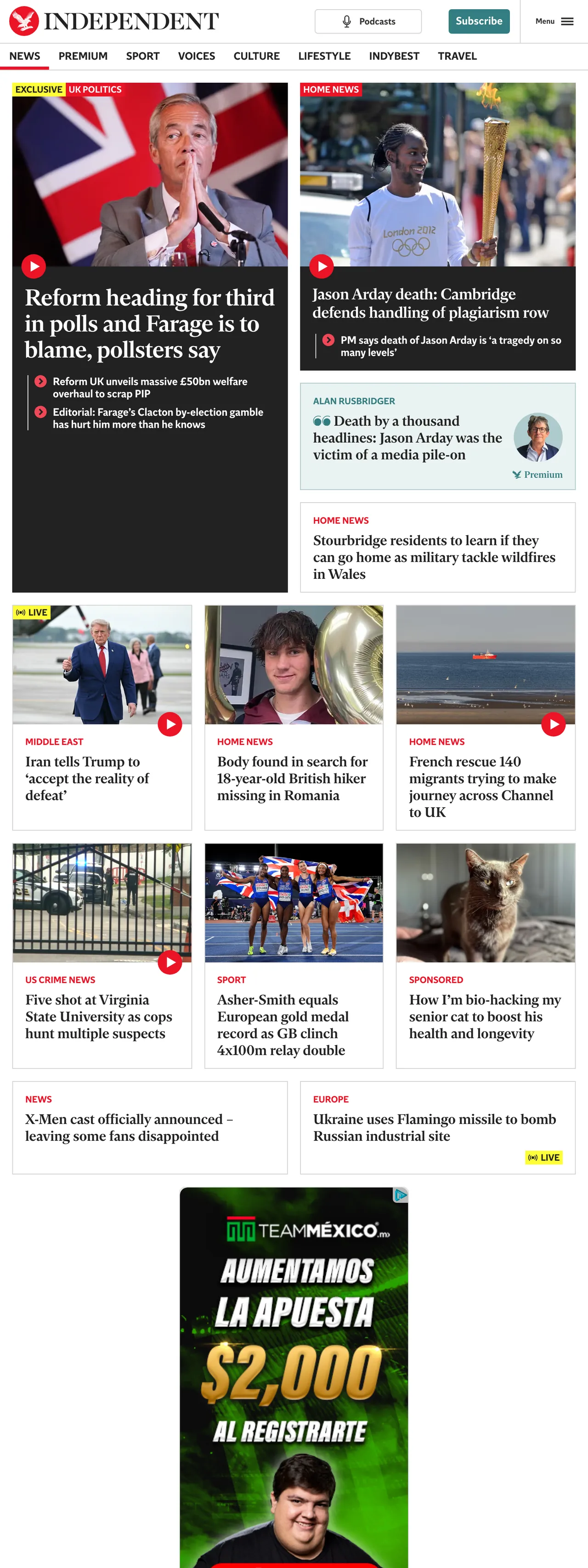 Screenshot of the The Independent front page