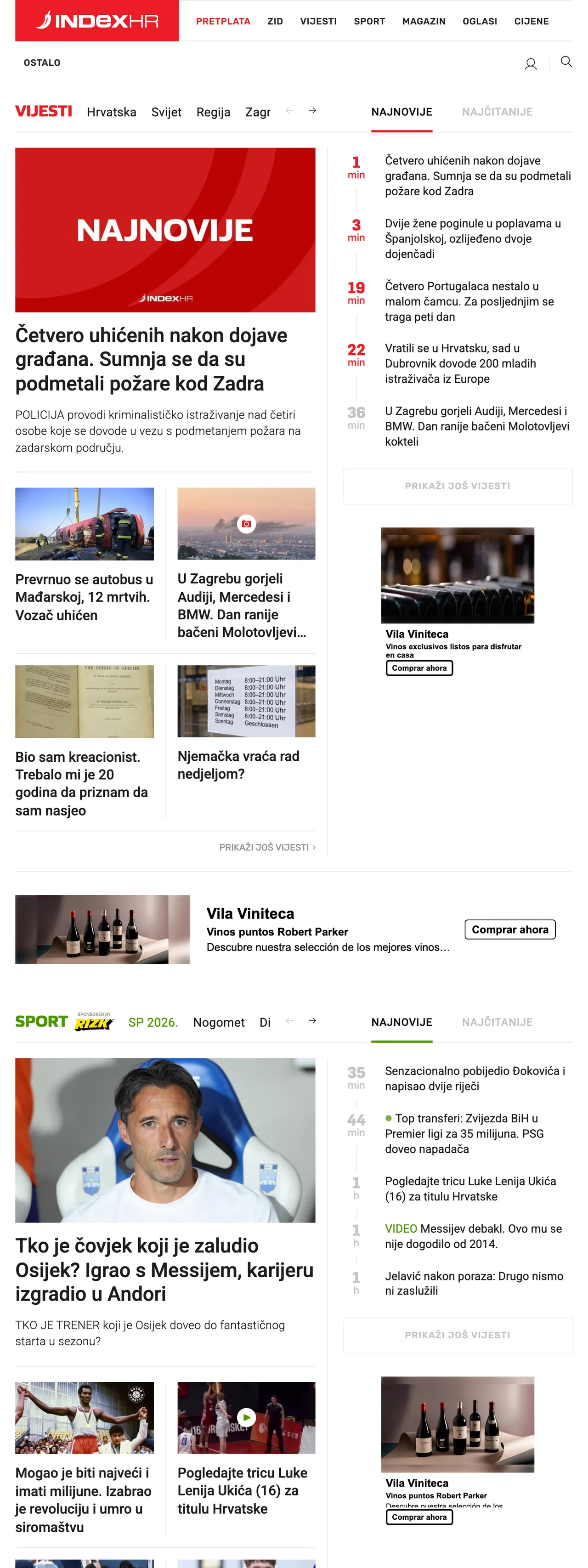 Screenshot of the Index.hr front page