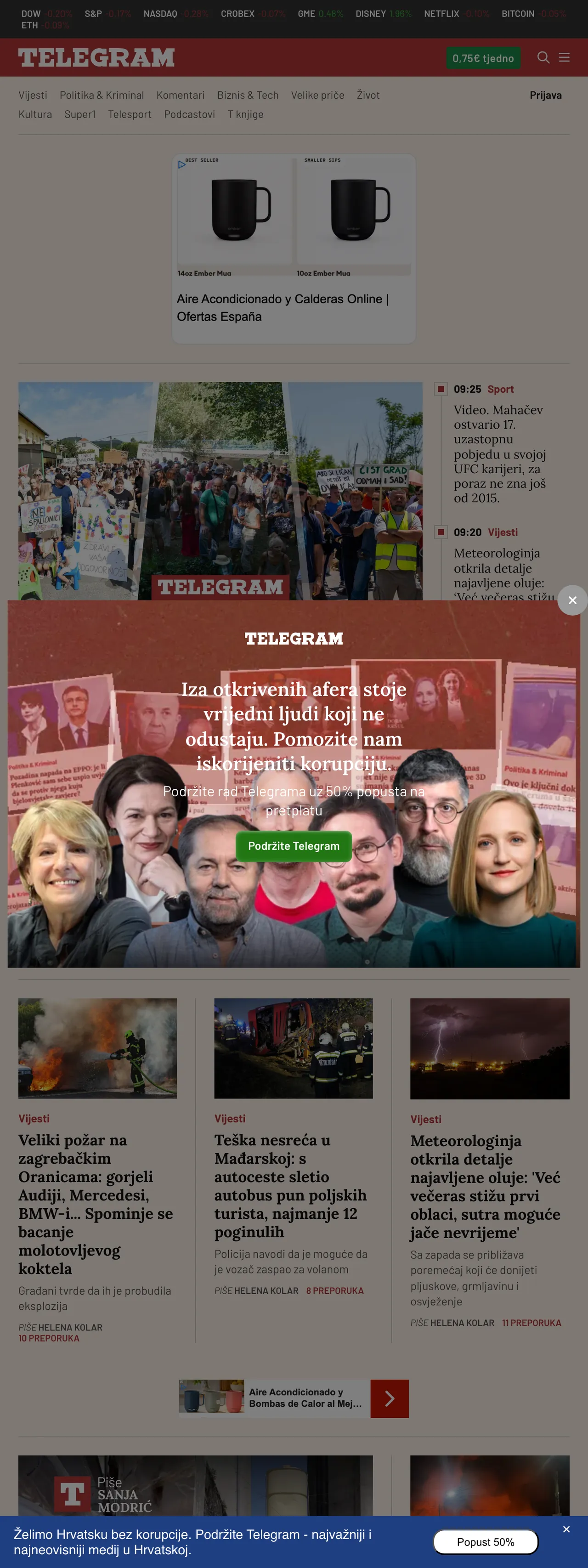 Screenshot of the Telegram.hr front page