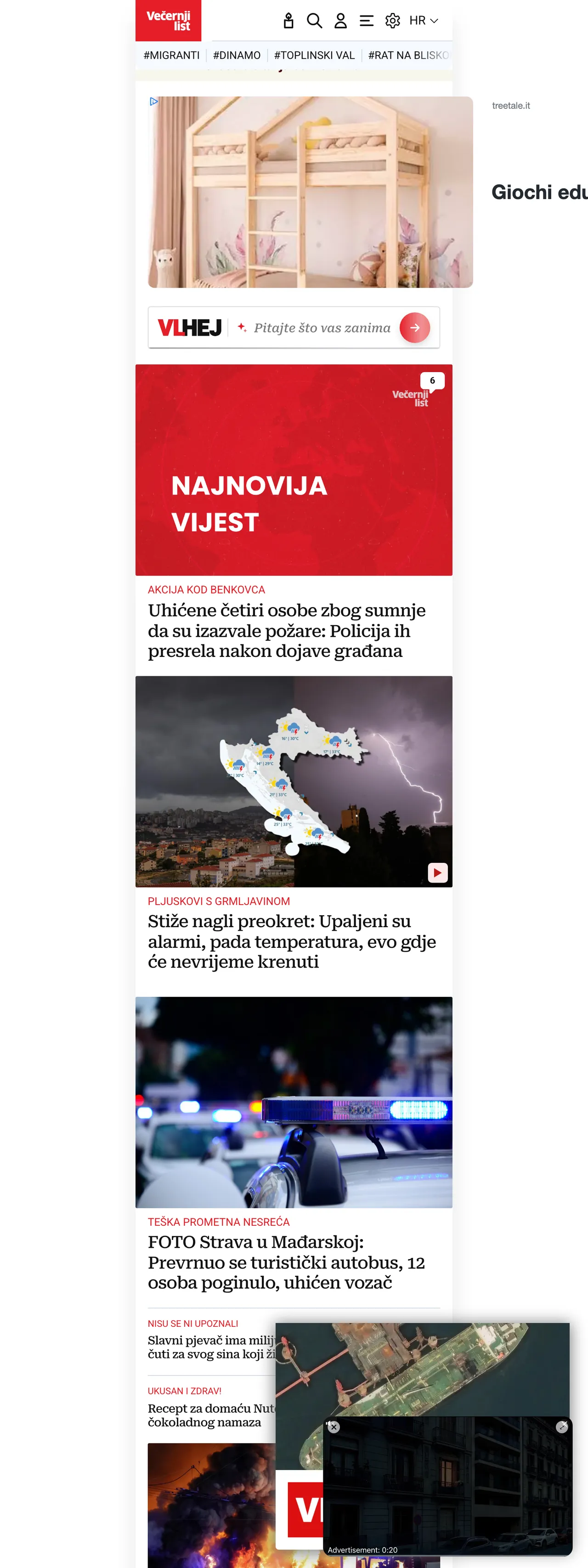 Screenshot of the Večernji list front page