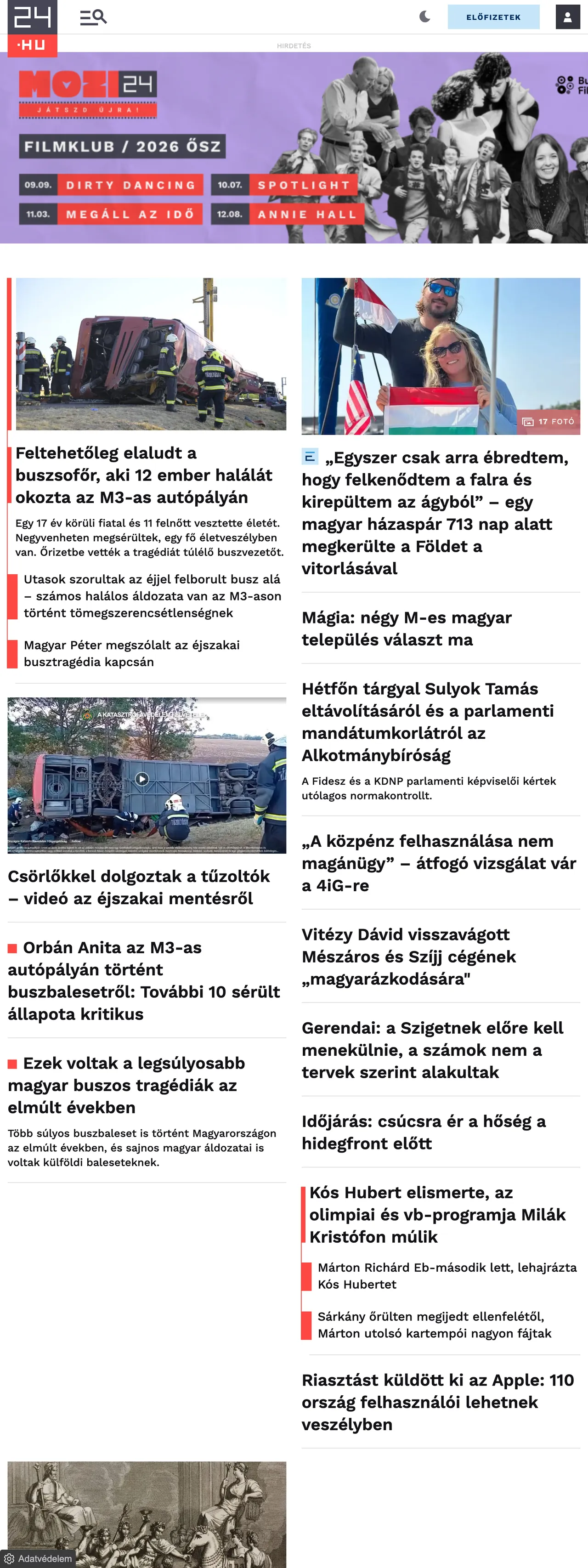 Screenshot of the 24.hu front page