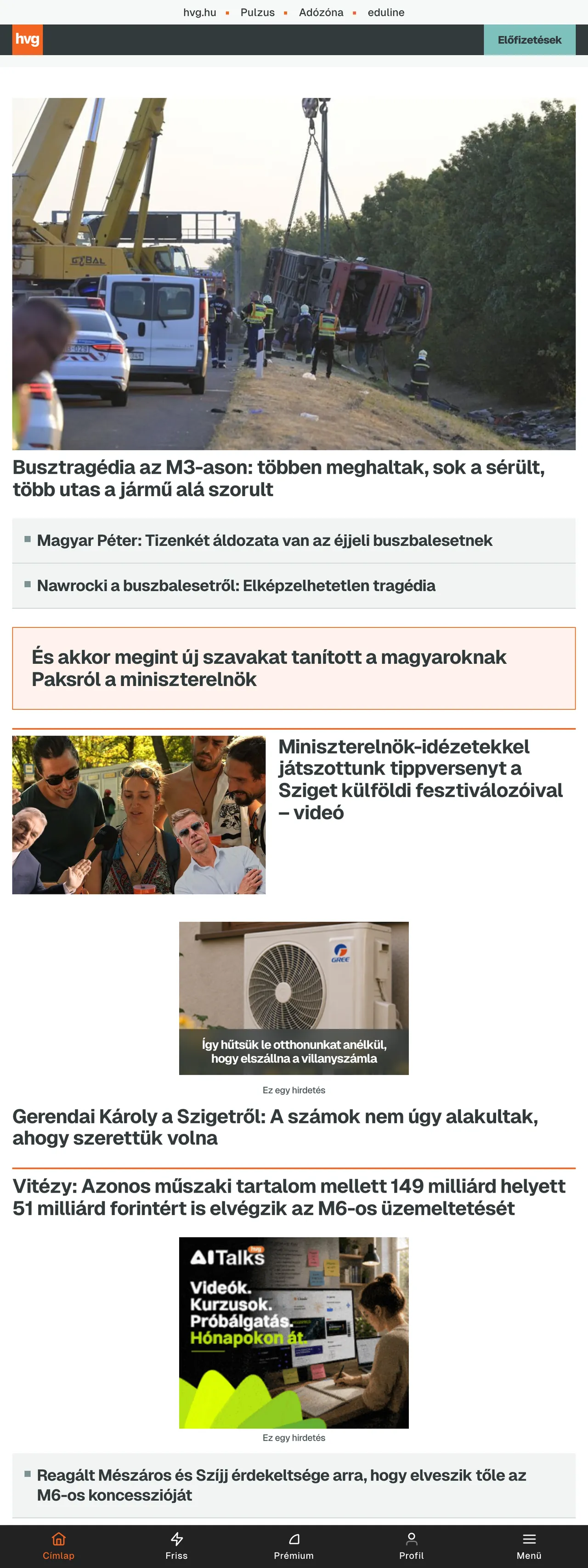 Screenshot of the HVG front page