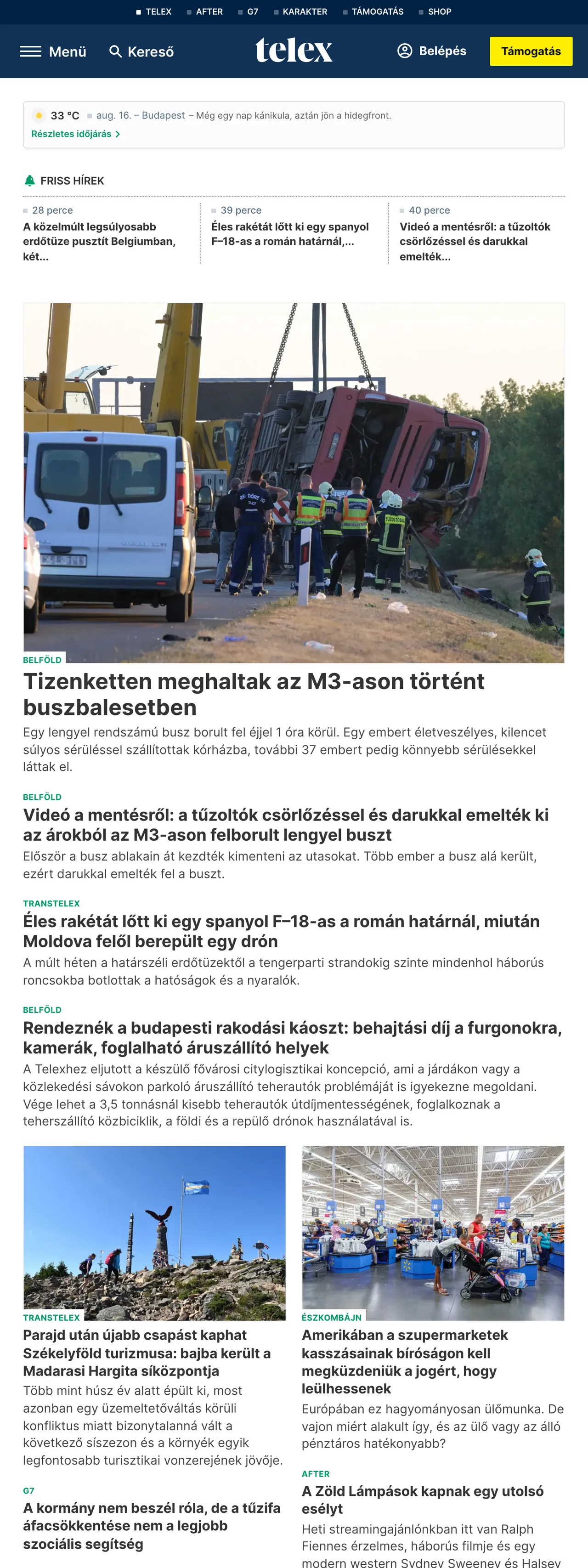 Screenshot of the Telex front page