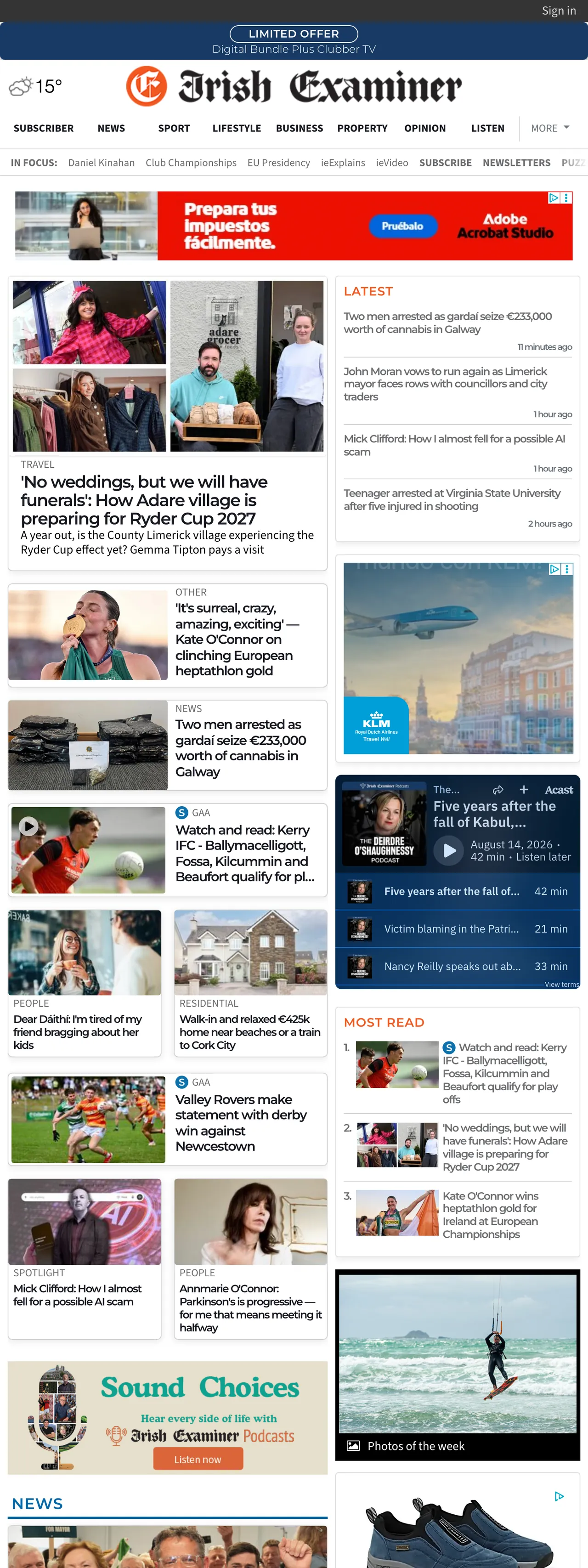 Screenshot of the Irish Examiner front page