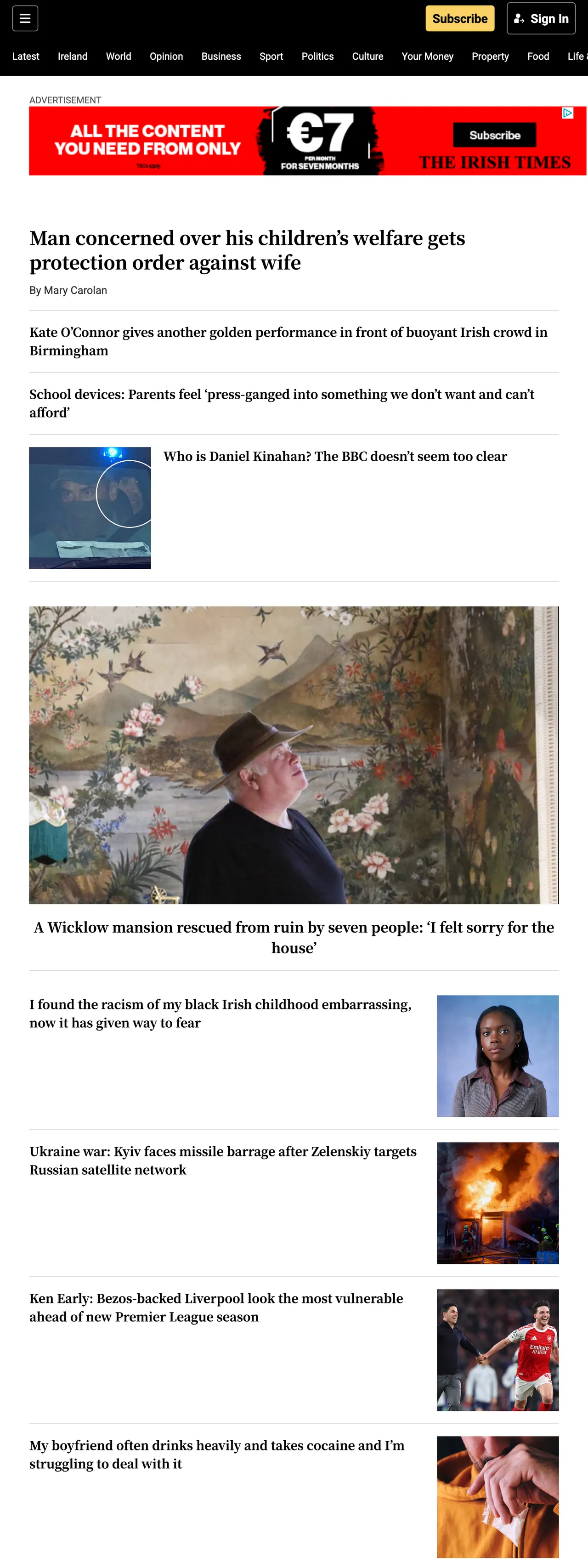 Screenshot of the The Irish Times front page