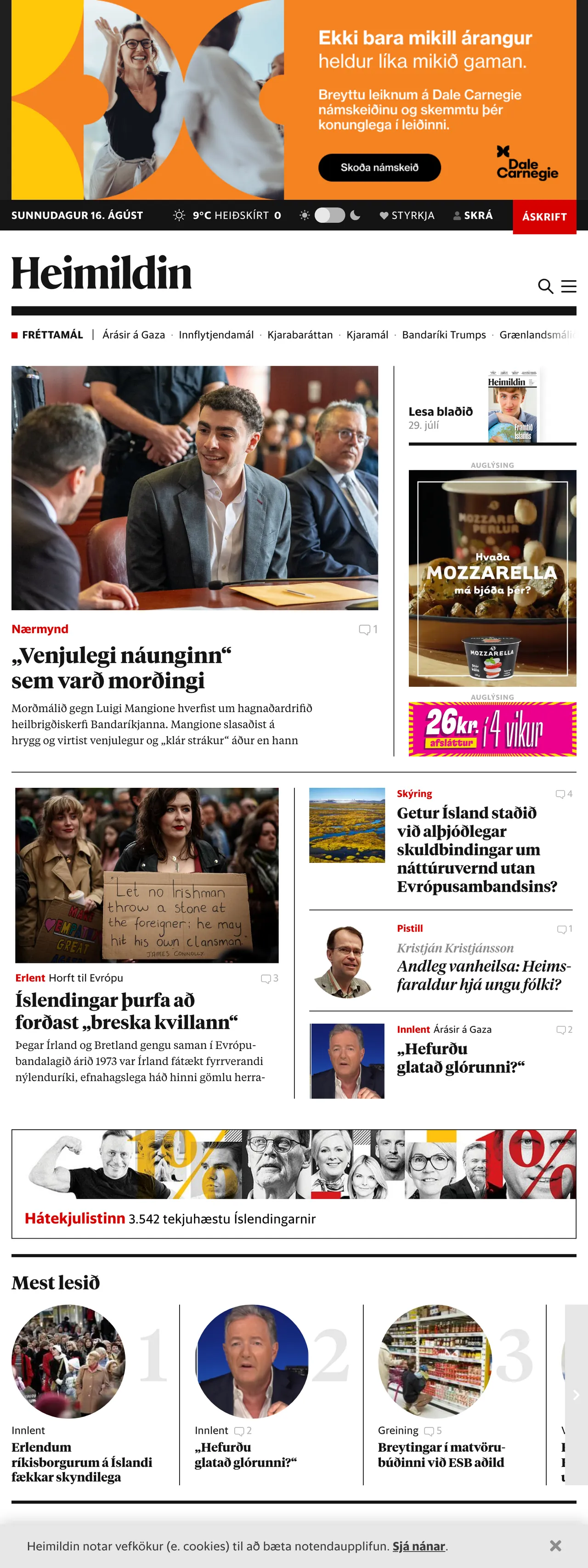 Screenshot of the Heimildin front page