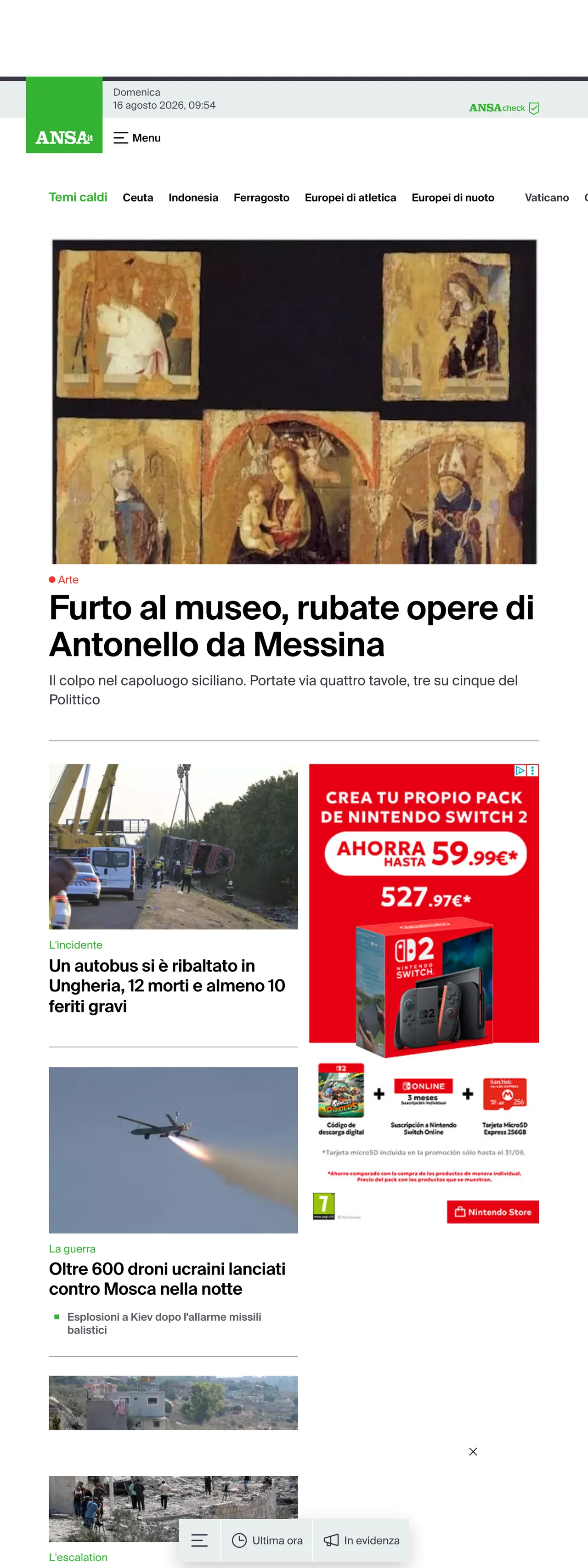 Screenshot of the ANSA front page