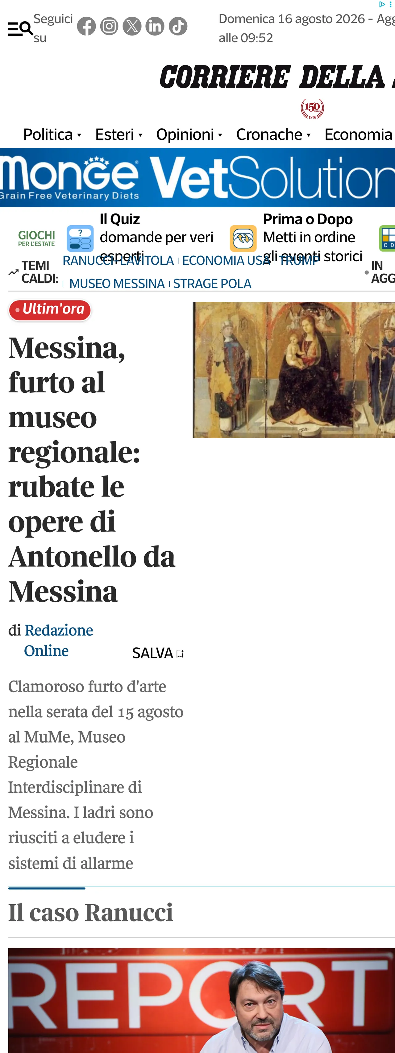 Screenshot of the Corriere della Sera front page