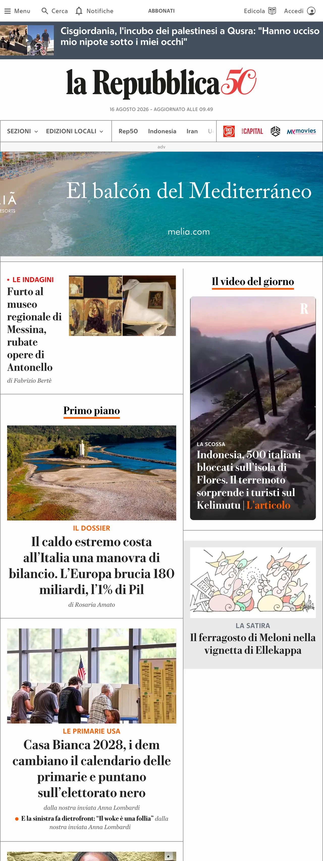 Screenshot of the la Repubblica front page
