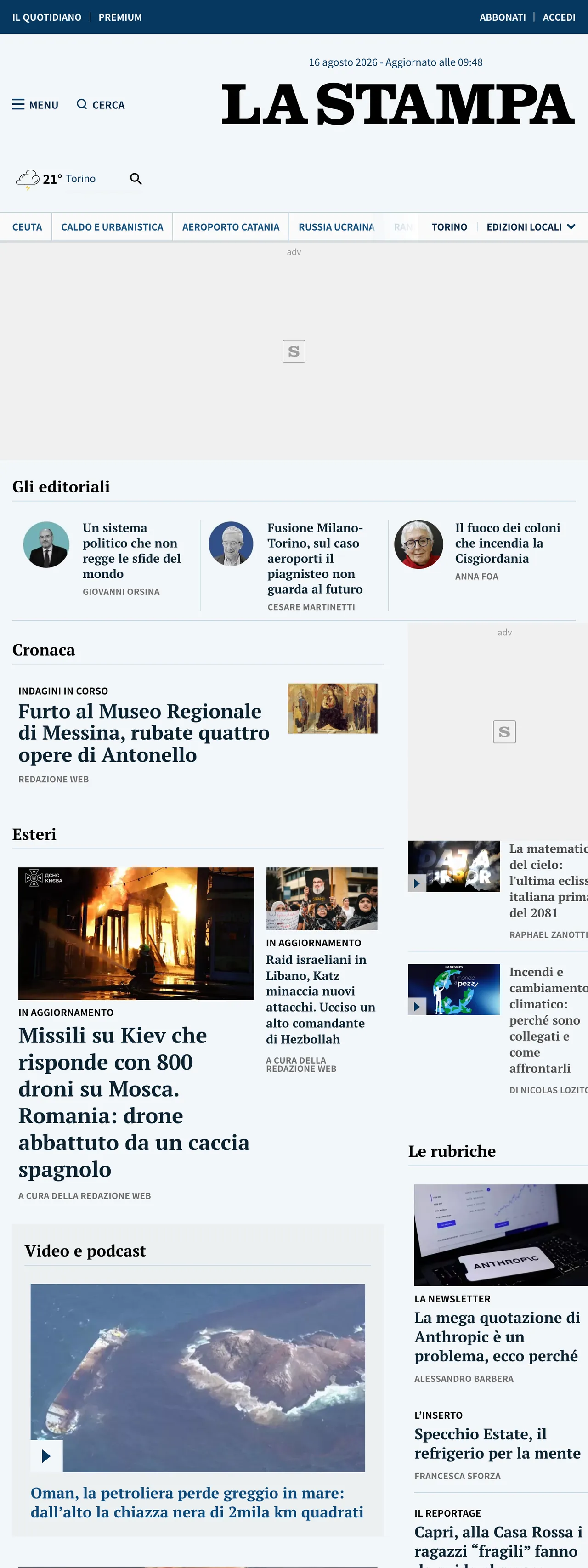 Screenshot of the La Stampa front page