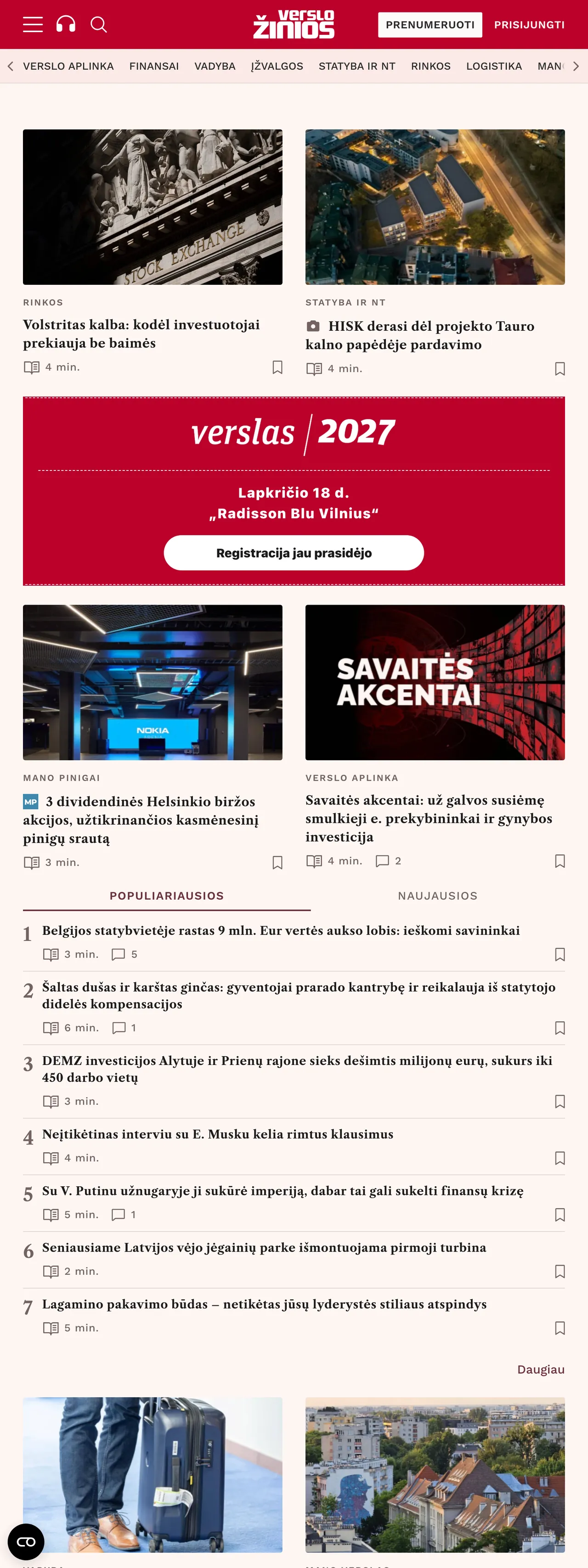 Screenshot of the Verslo žinios front page