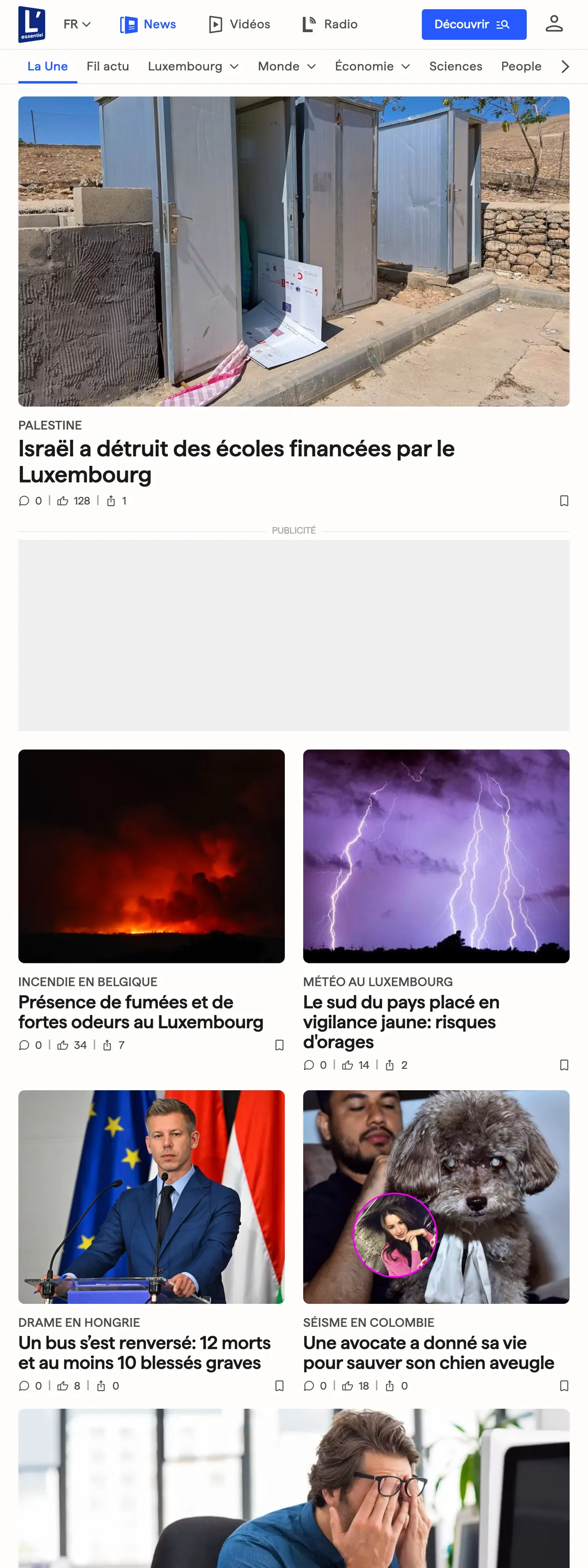 Screenshot of the L'essentiel front page