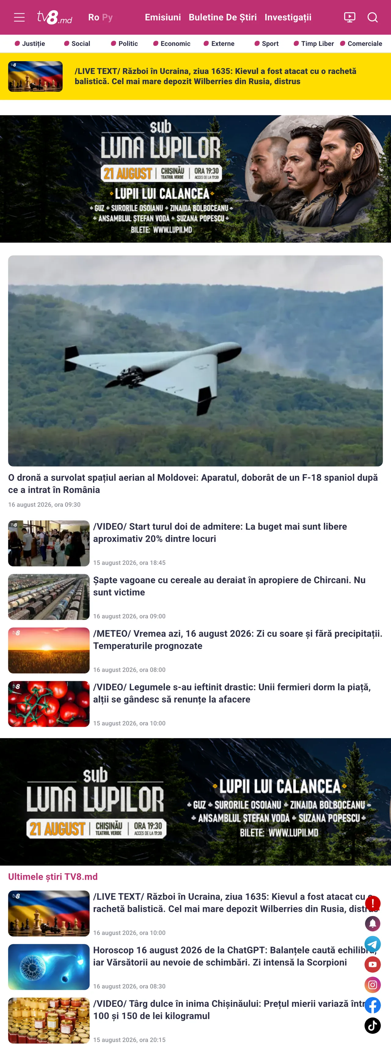 Screenshot of the TV8 front page