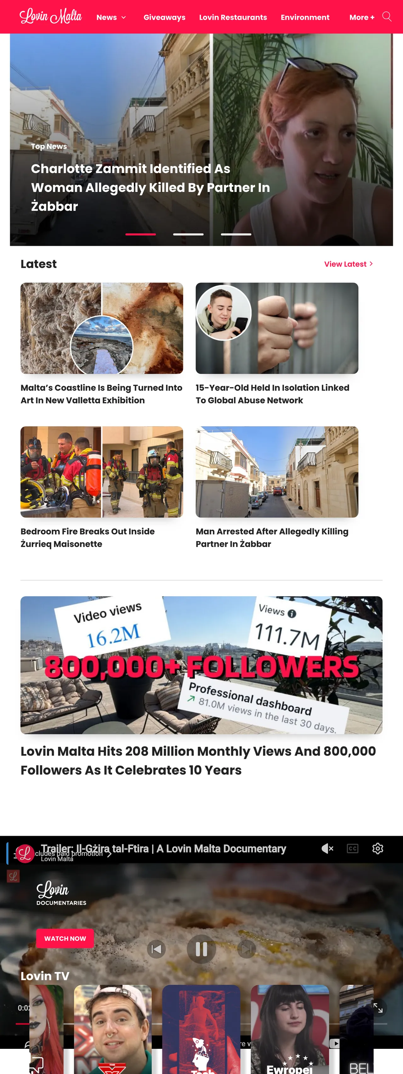 Screenshot of the Lovin Malta front page