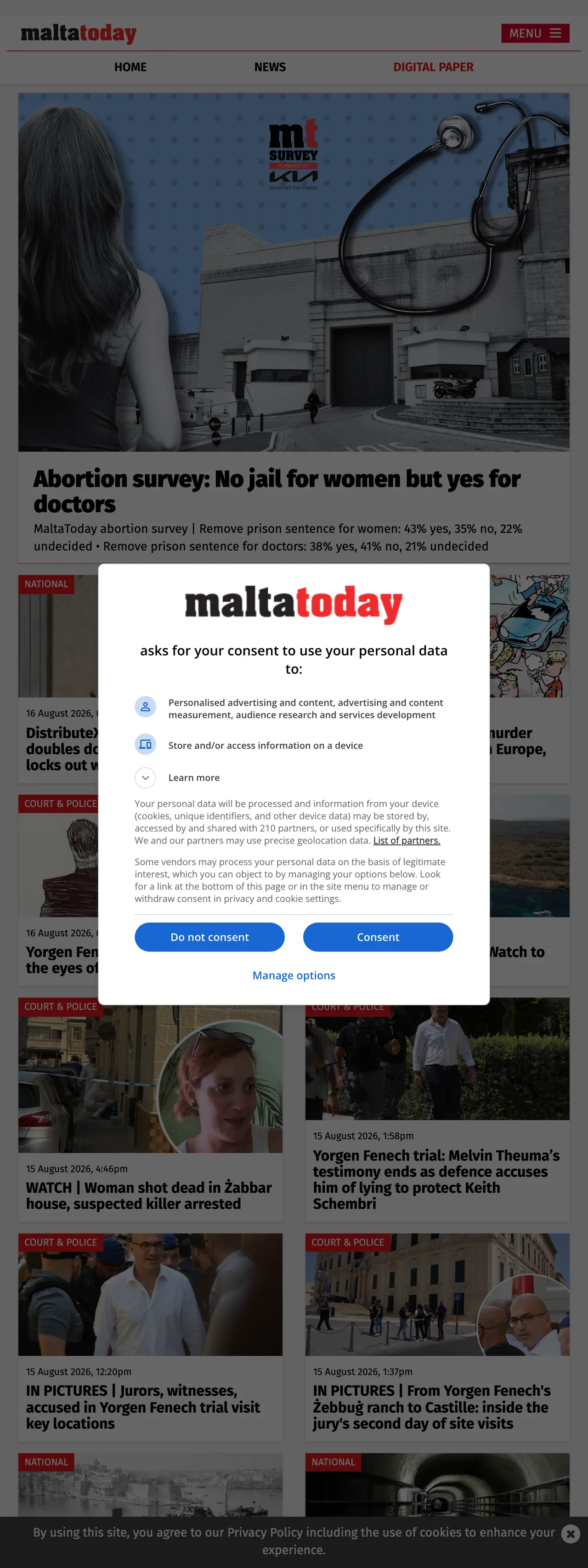 Screenshot of the Malta Today front page
