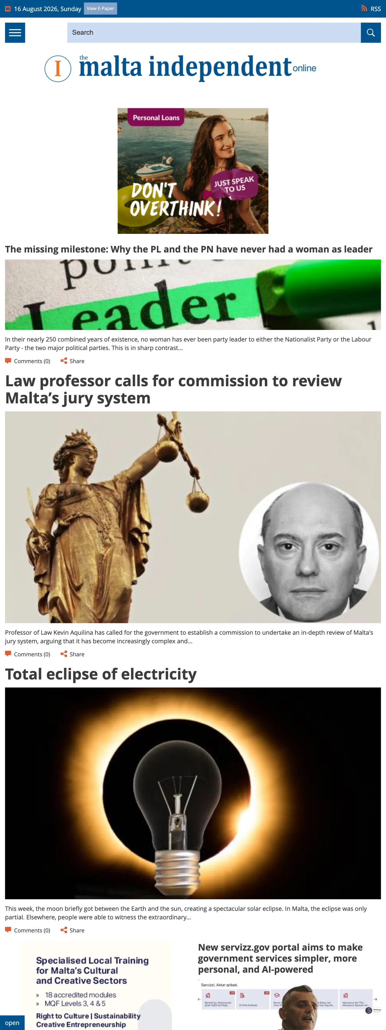 Screenshot of the The Malta Independent front page