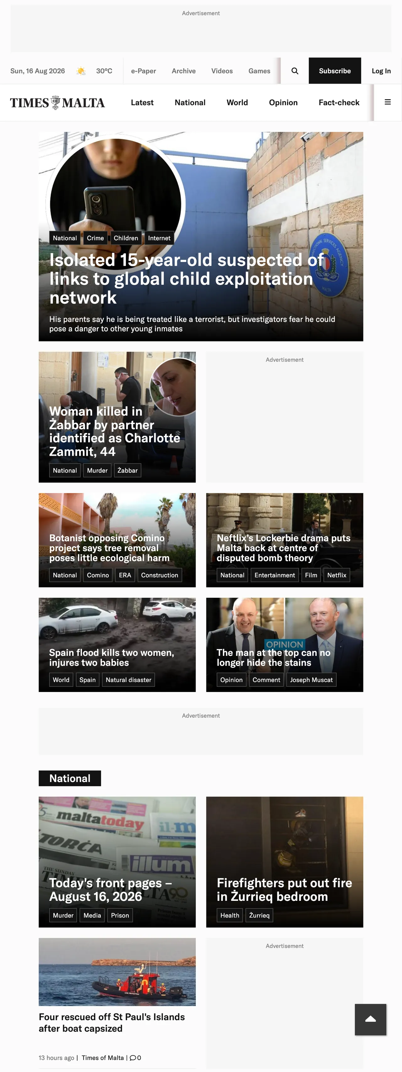 Screenshot of the Times of Malta front page