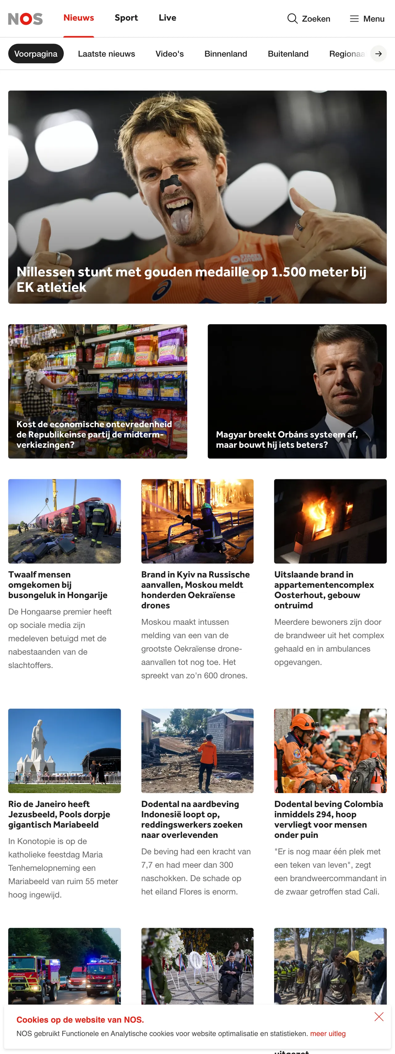 Screenshot of the NOS front page
