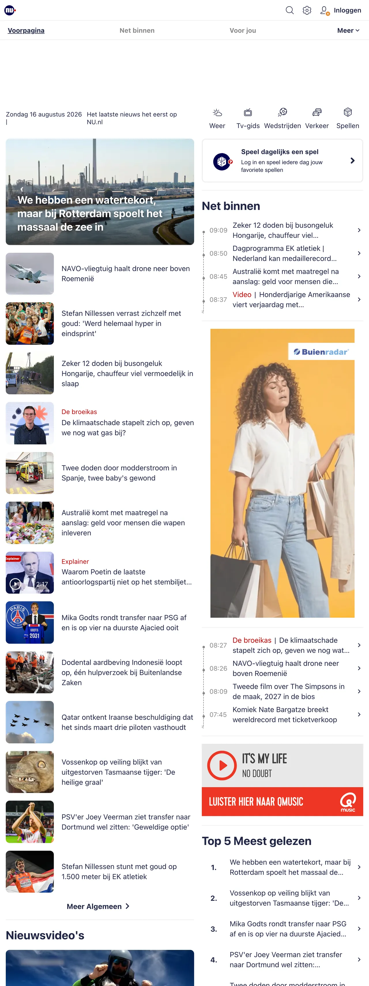 Screenshot of the NU.nl front page