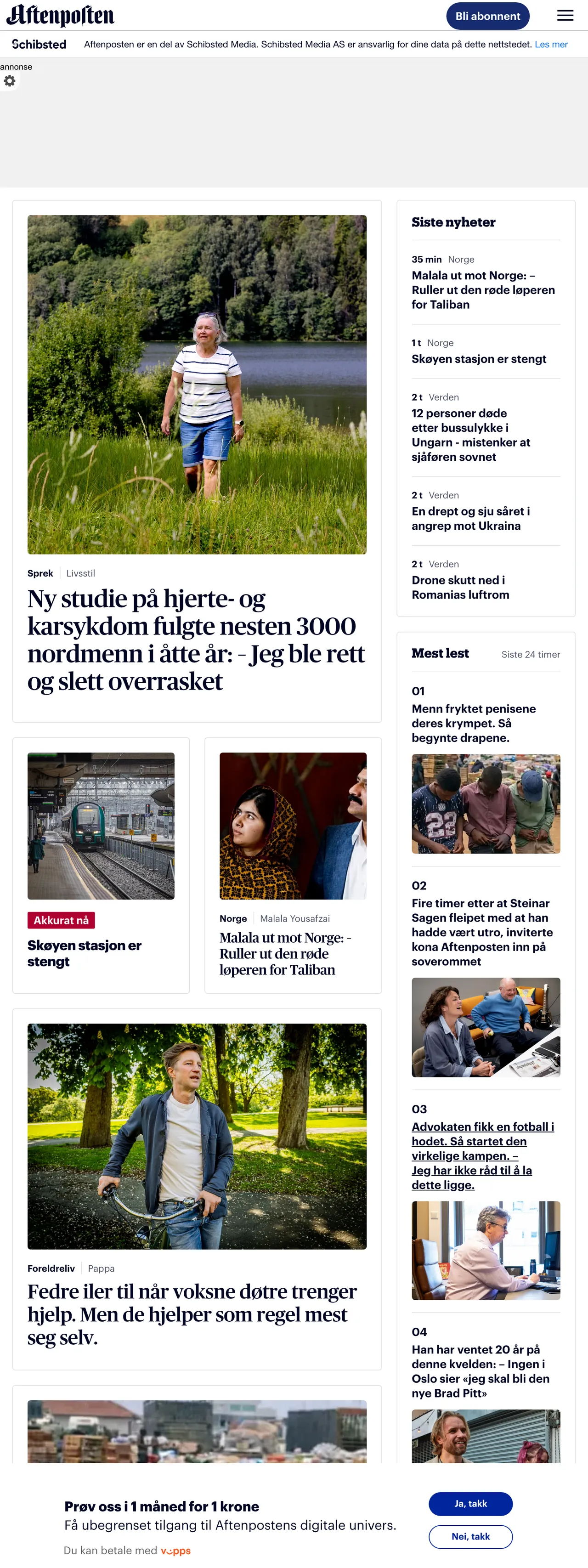 Screenshot of the Aftenposten front page