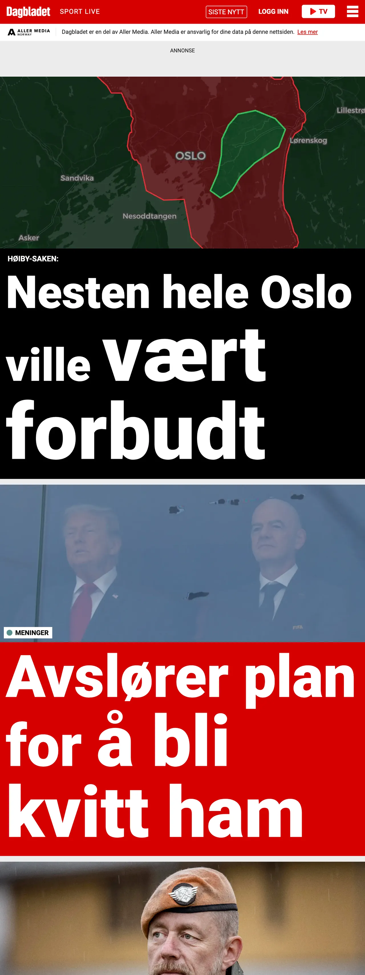 Screenshot of the Dagbladet front page