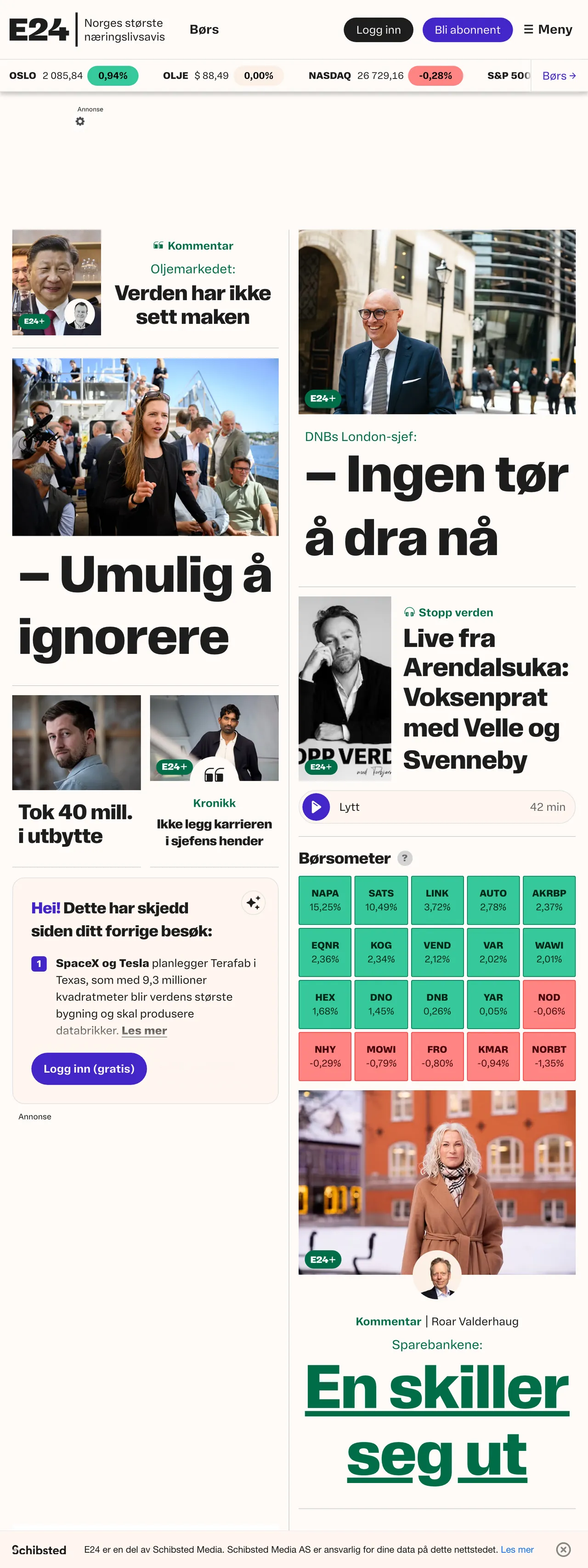 Screenshot of the E24 front page