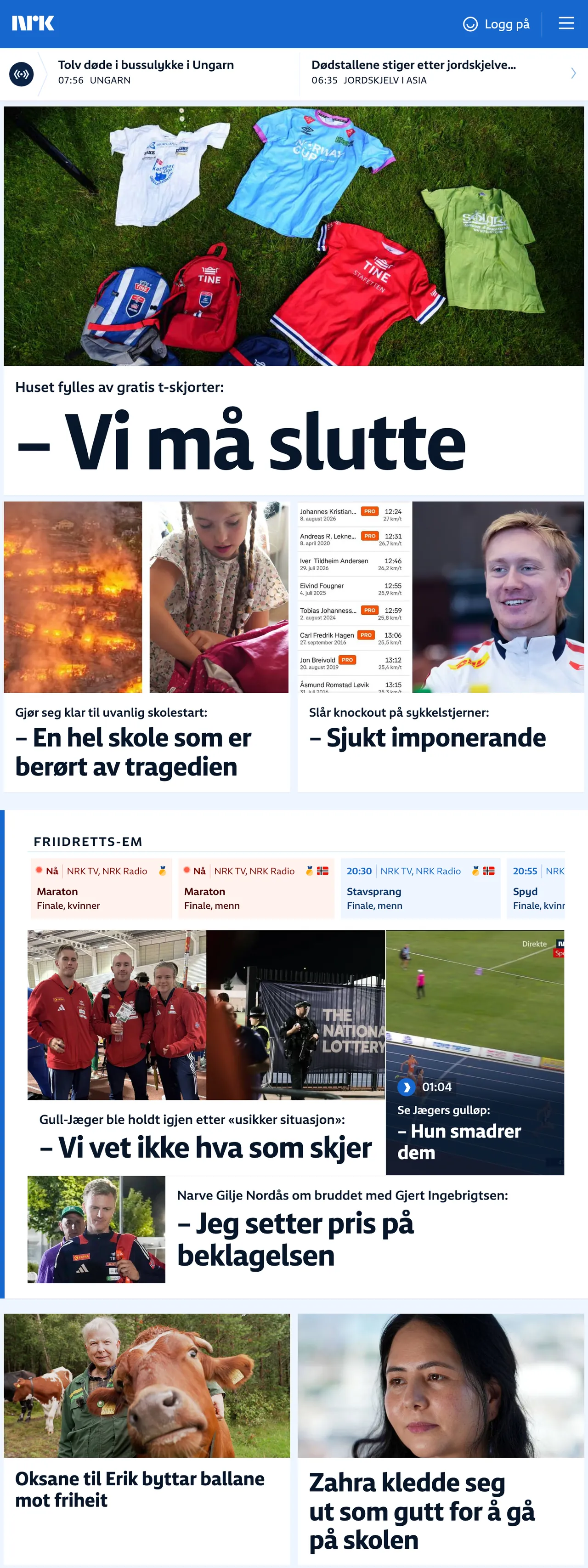 Screenshot of the NRK front page